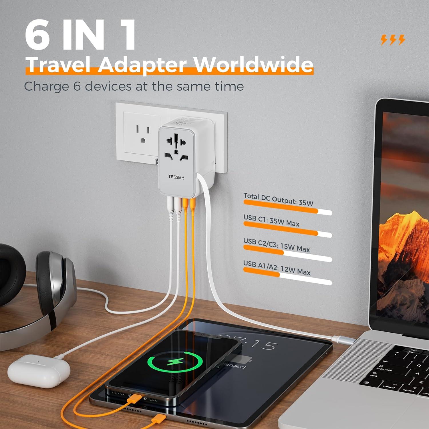 Adaptador de Viaje Universal TESSAN 35W con 6 Puertos USB