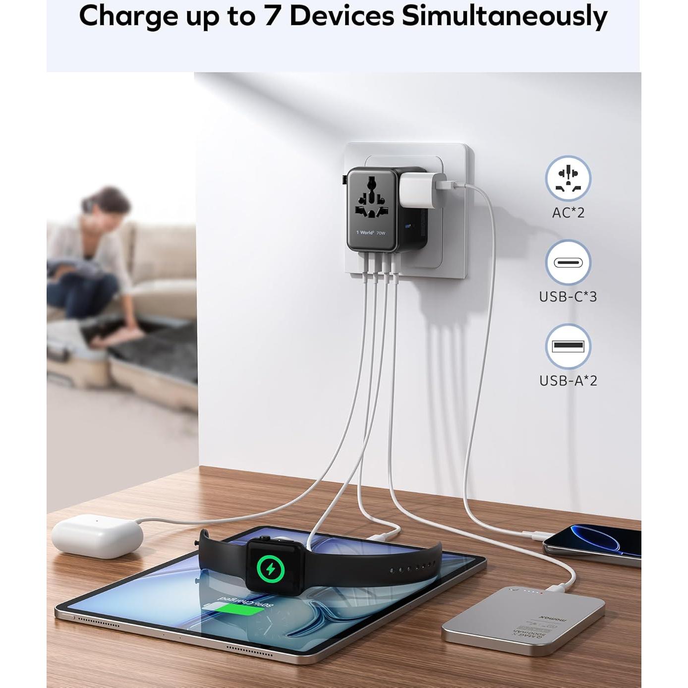 Adaptador de Viaje Universal MOMAX 70W con 7 Puertos USB