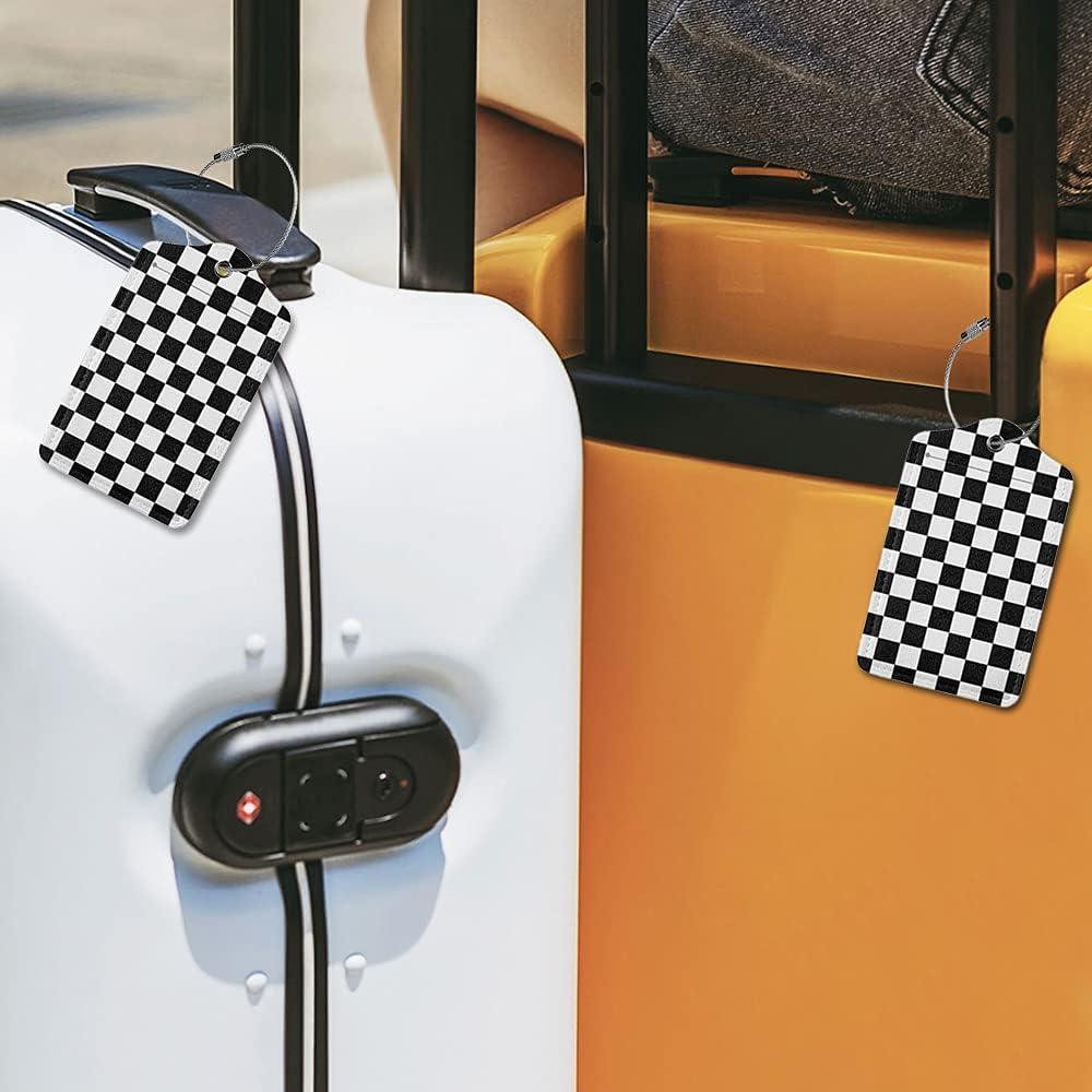 2 Etiquetas de Equipaje de Cuero Sintético AGAXOZW - Cuadrícula Negra y Blanca