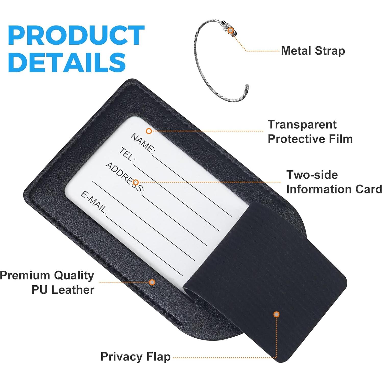 Etiquetas de Equipaje Gloppie 4 Piezas Cuero PU Negra TSA