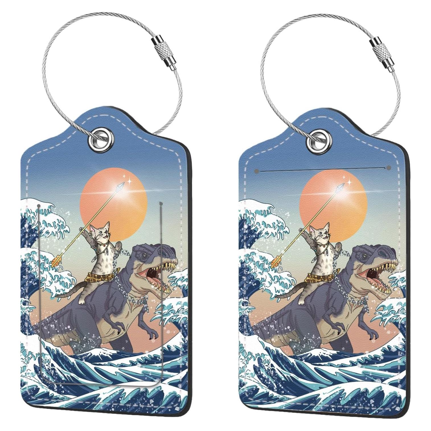 Etiquetas de Equipaje Anikathy de Cuero PU - Dinosaurio y Gato