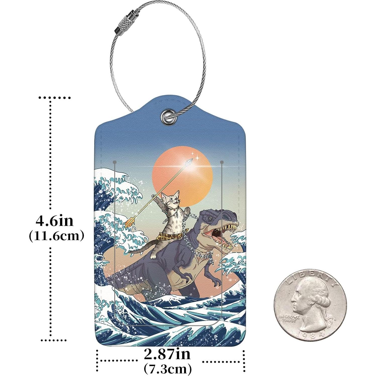 Etiquetas de Equipaje Anikathy de Cuero PU - Dinosaurio y Gato