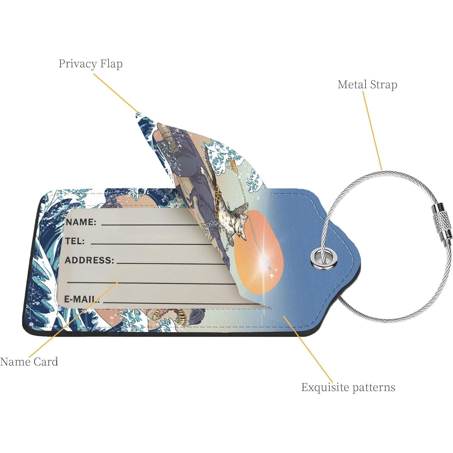 Etiquetas de Equipaje Anikathy de Cuero PU - Dinosaurio y Gato