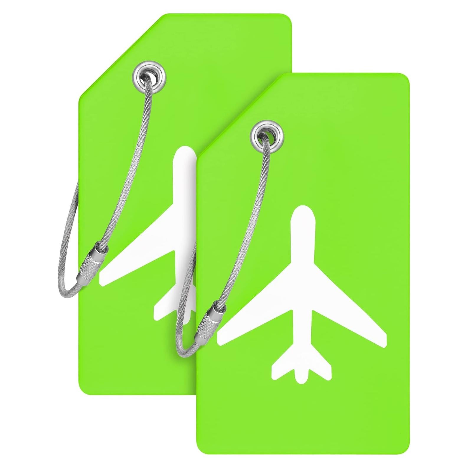 Mifflin-USA Silicone Luggage Tags (Green, 2 Pack) with Plane Embedded Design & Name ID Card; Bright Colors to Quickly Find Your Bag