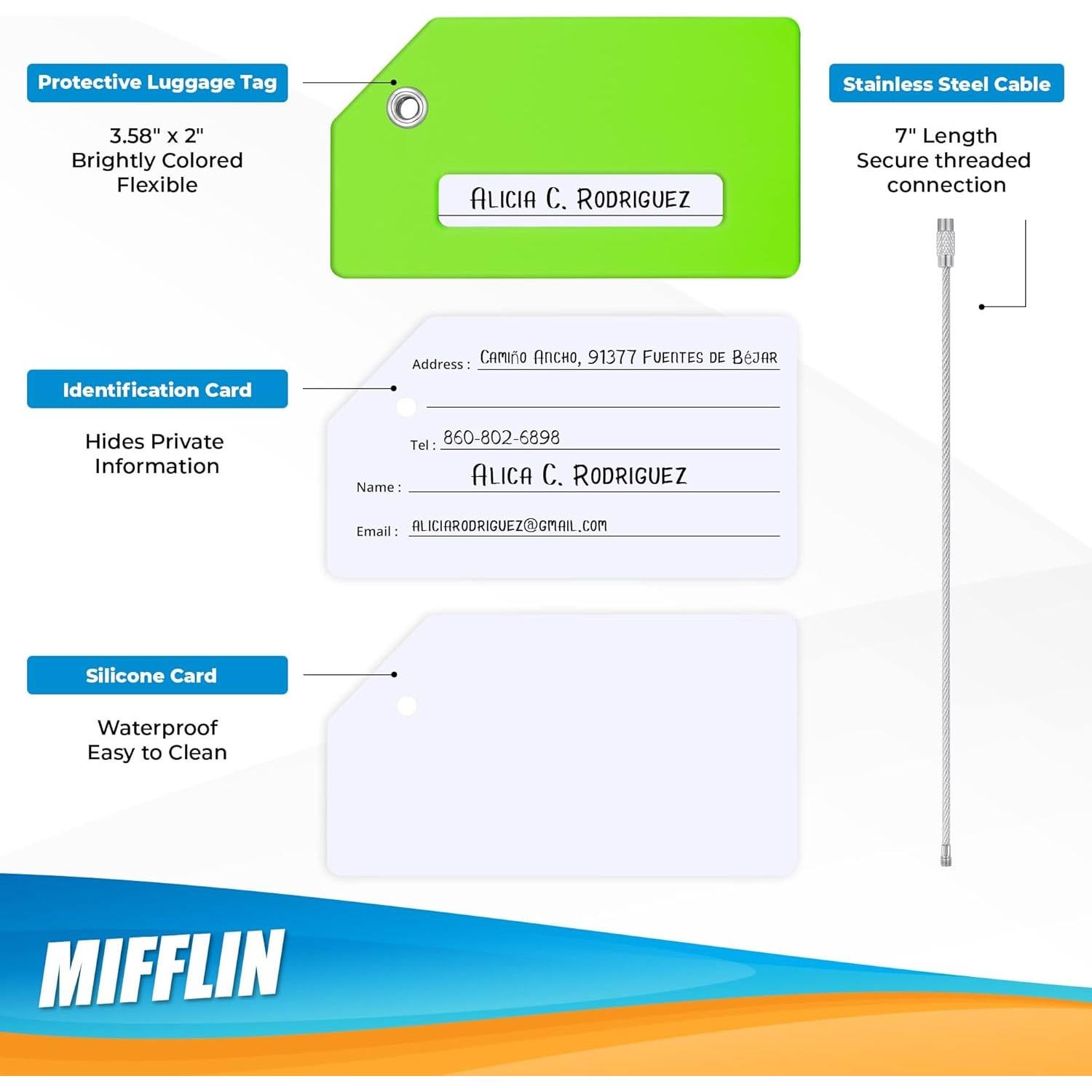Mifflin-USA Silicone Luggage Tags (Green, 2 Pack) with Plane Embedded Design & Name ID Card; Bright Colors to Quickly Find Your Bag