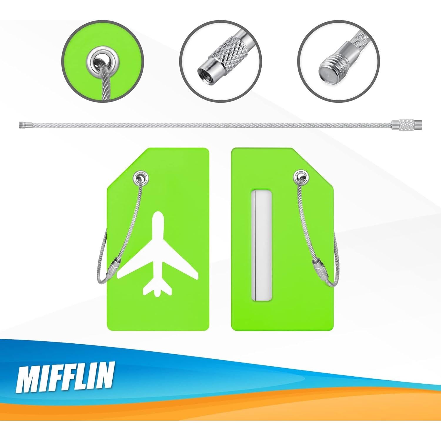 Mifflin-USA Silicone Luggage Tags (Green, 2 Pack) with Plane Embedded Design & Name ID Card; Bright Colors to Quickly Find Your Bag