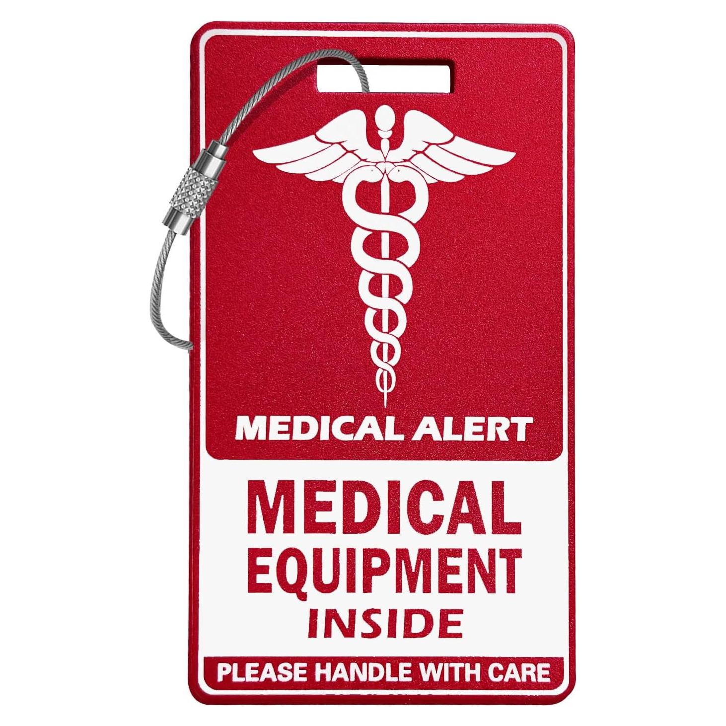 Medical Equipment Luggage Tag,Red and White with Steel Cable，Medical Id Tags for Travel