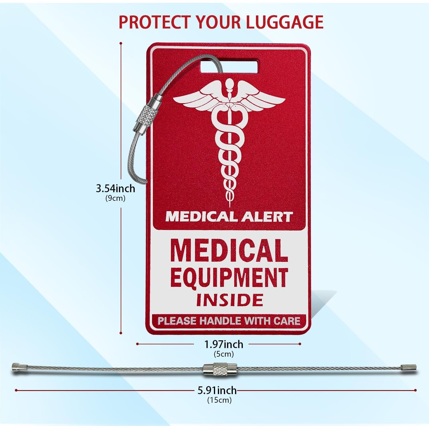 Medical Equipment Luggage Tag,Red and White with Steel Cable，Medical Id Tags for Travel