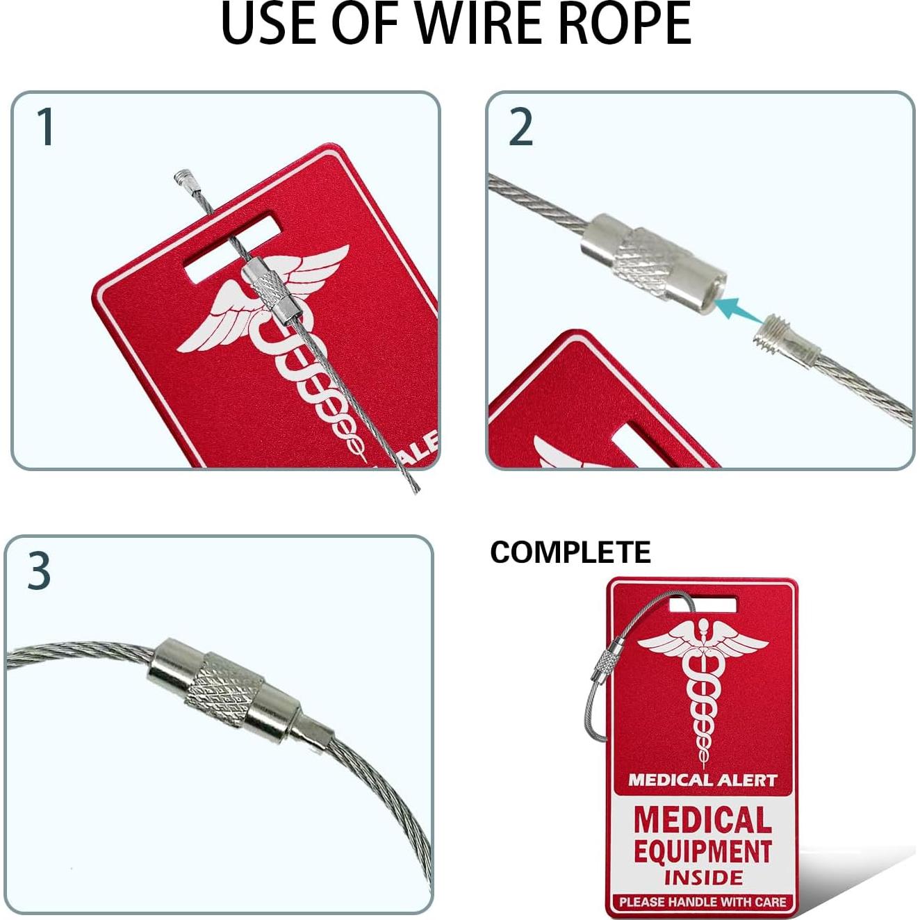 Medical Equipment Luggage Tag,Red and White with Steel Cable，Medical Id Tags for Travel