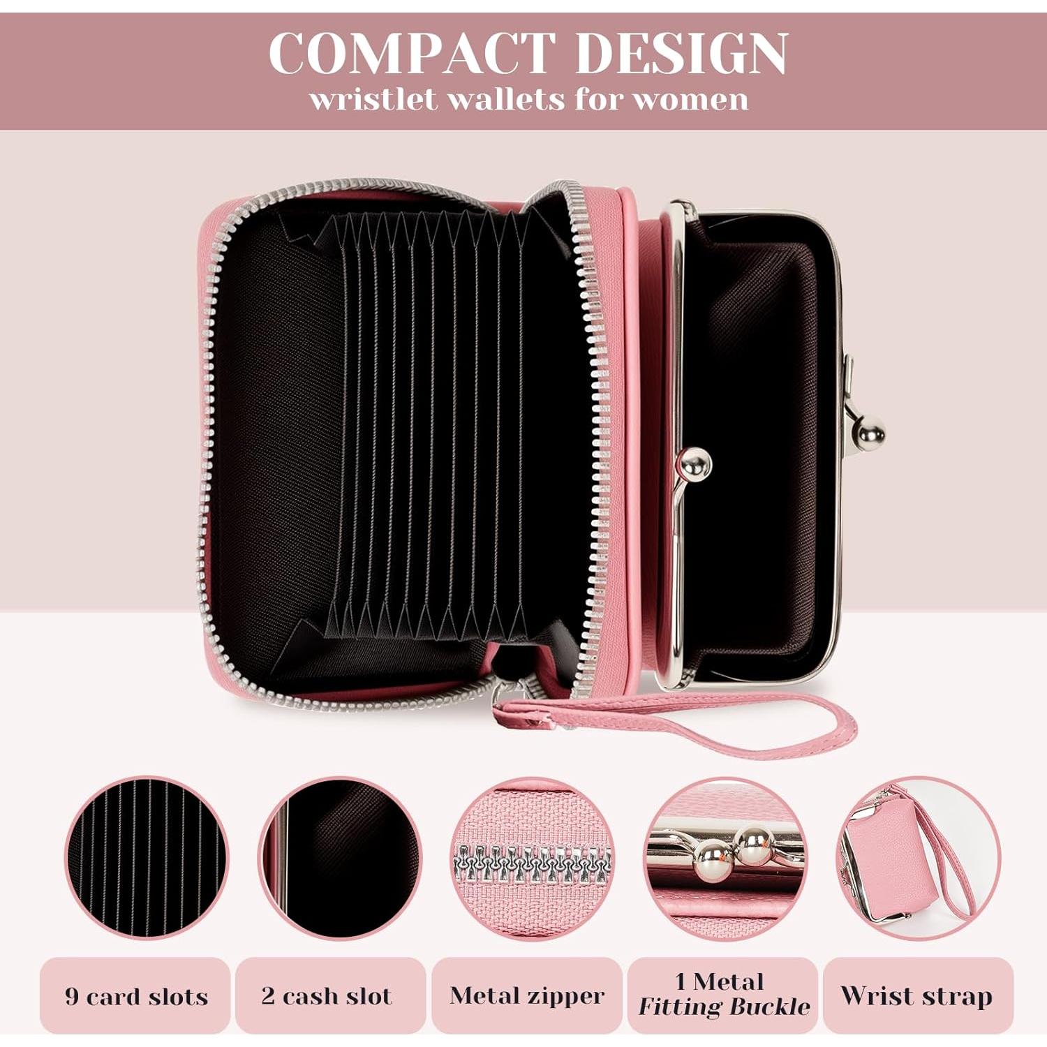 Cartera de Muñeca Huikeya Rosa con Bloqueo RFID y Monedero