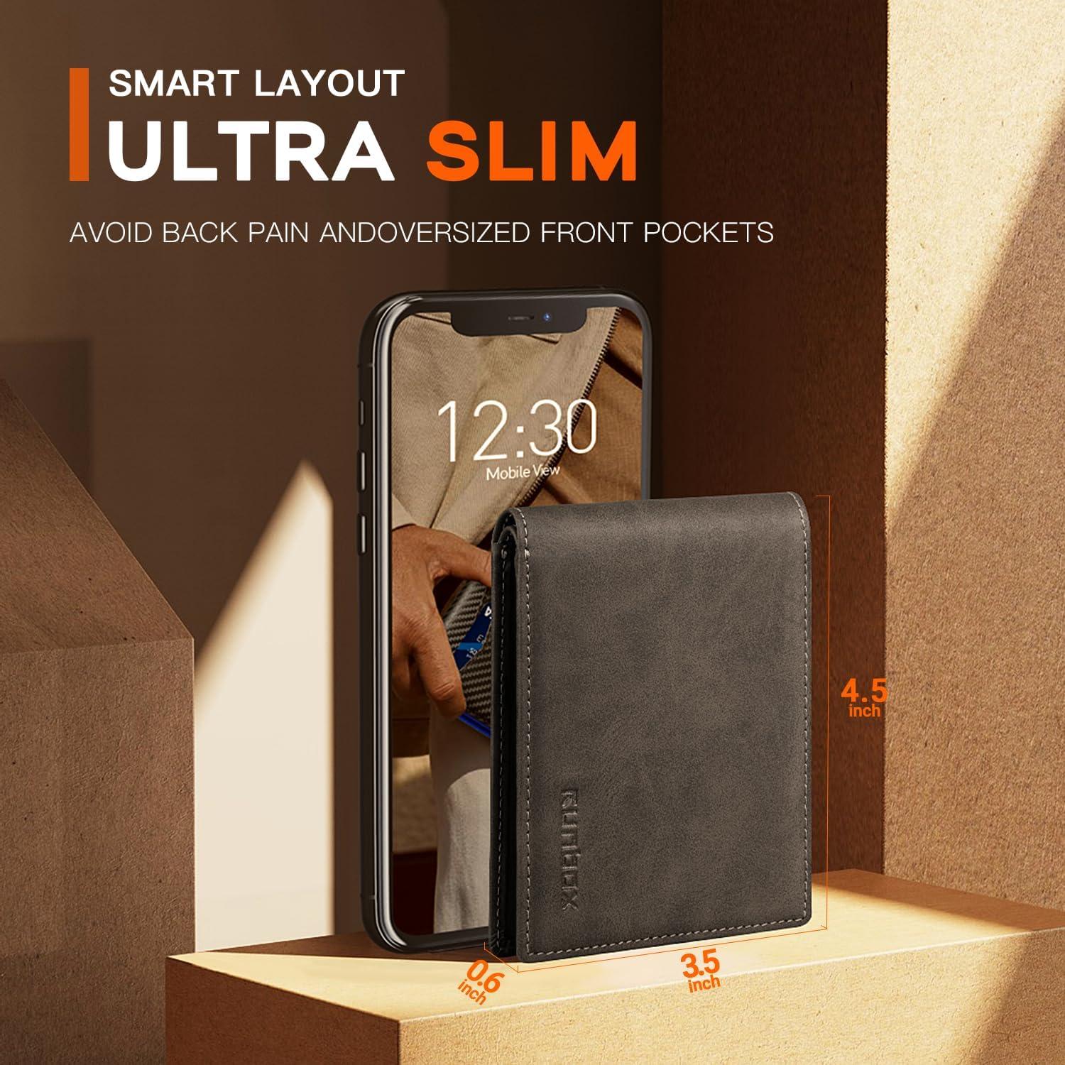 Cartera RUNBOX Bifold de Cuero para Hombres con Bloqueo RFID