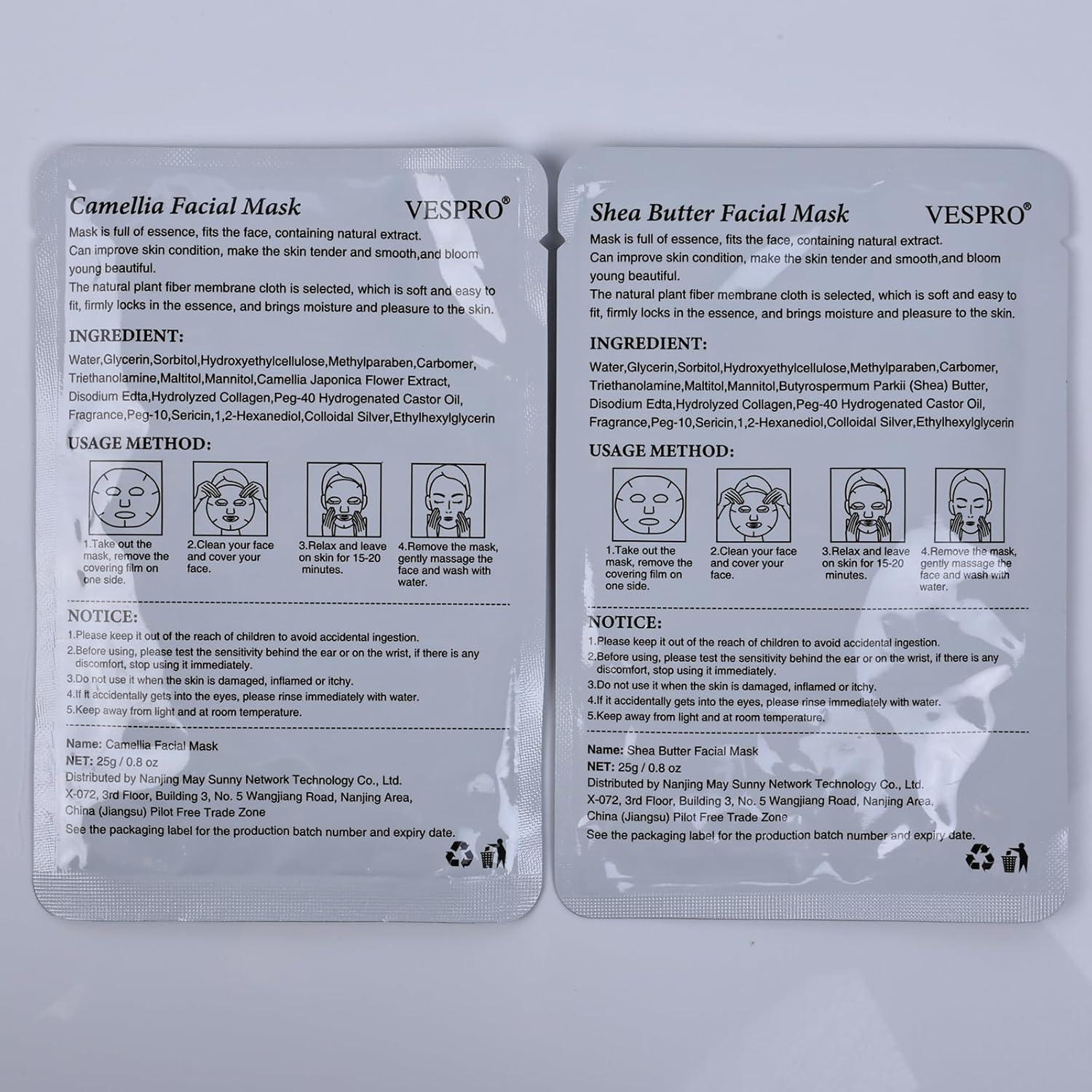 Mascarillas Faciales VESPRO 100 Piezas Colágeno Hidratantes