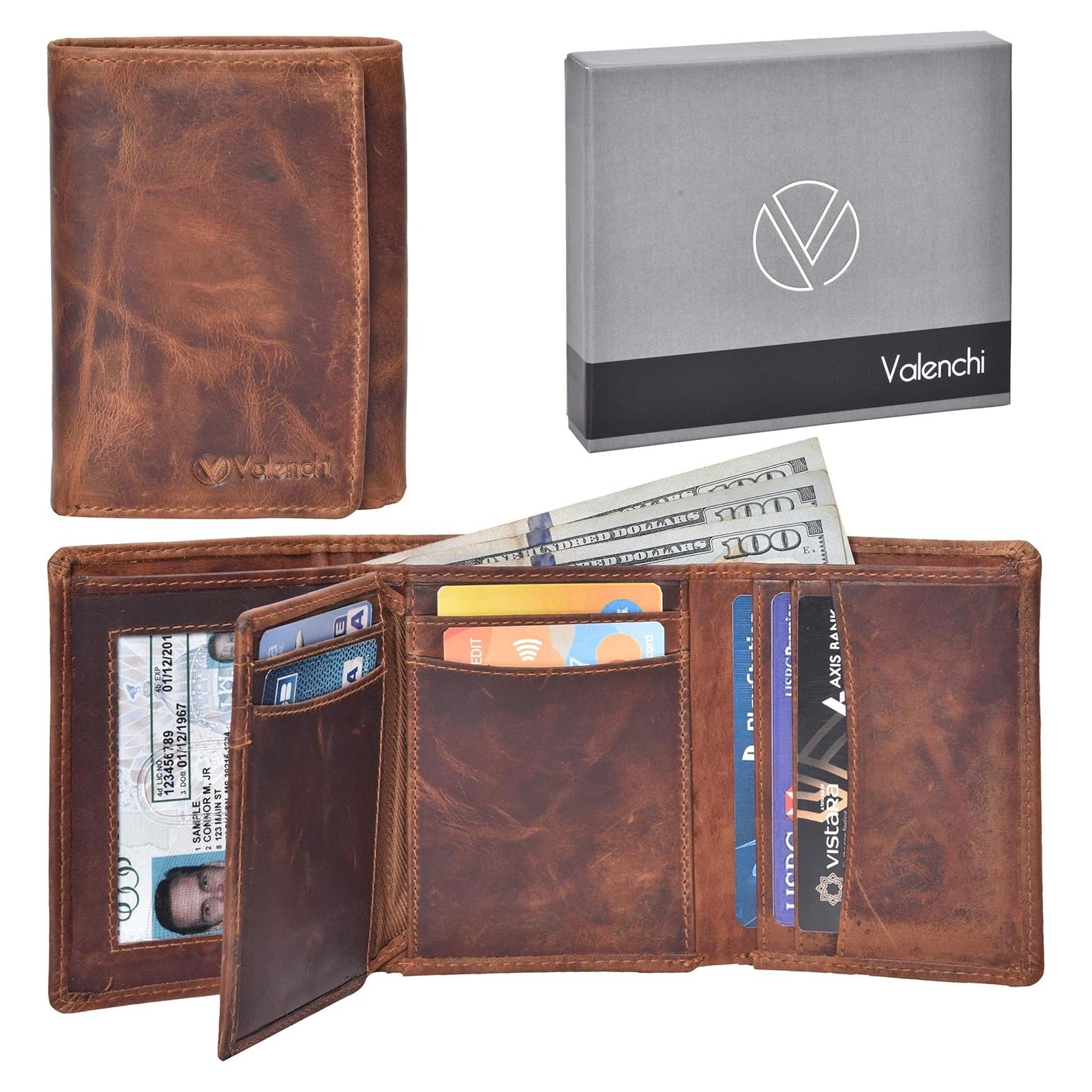 Billetera de cuero trifold VALENCHI Cognac Vintage RFID