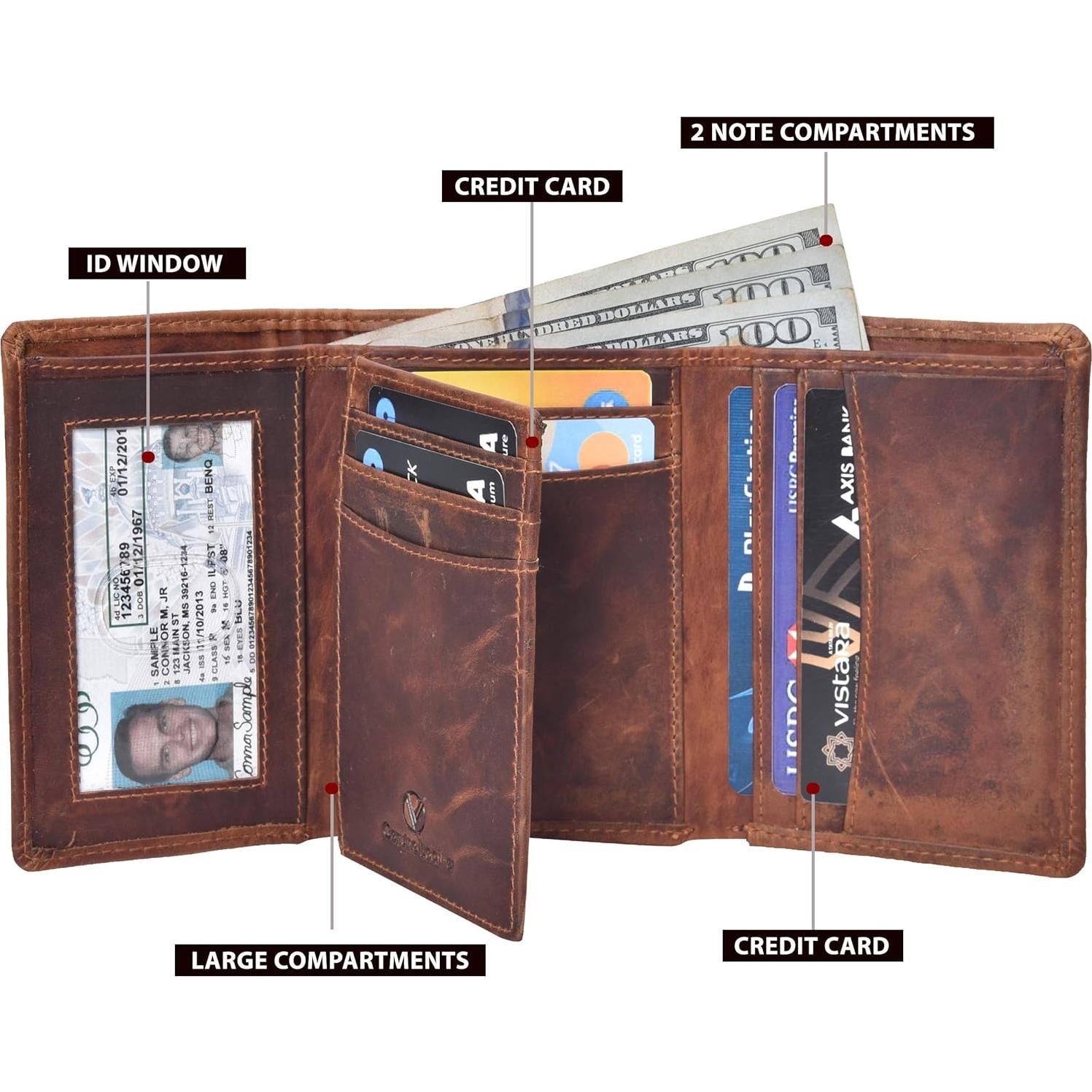 Billetera de cuero trifold VALENCHI Cognac Vintage RFID