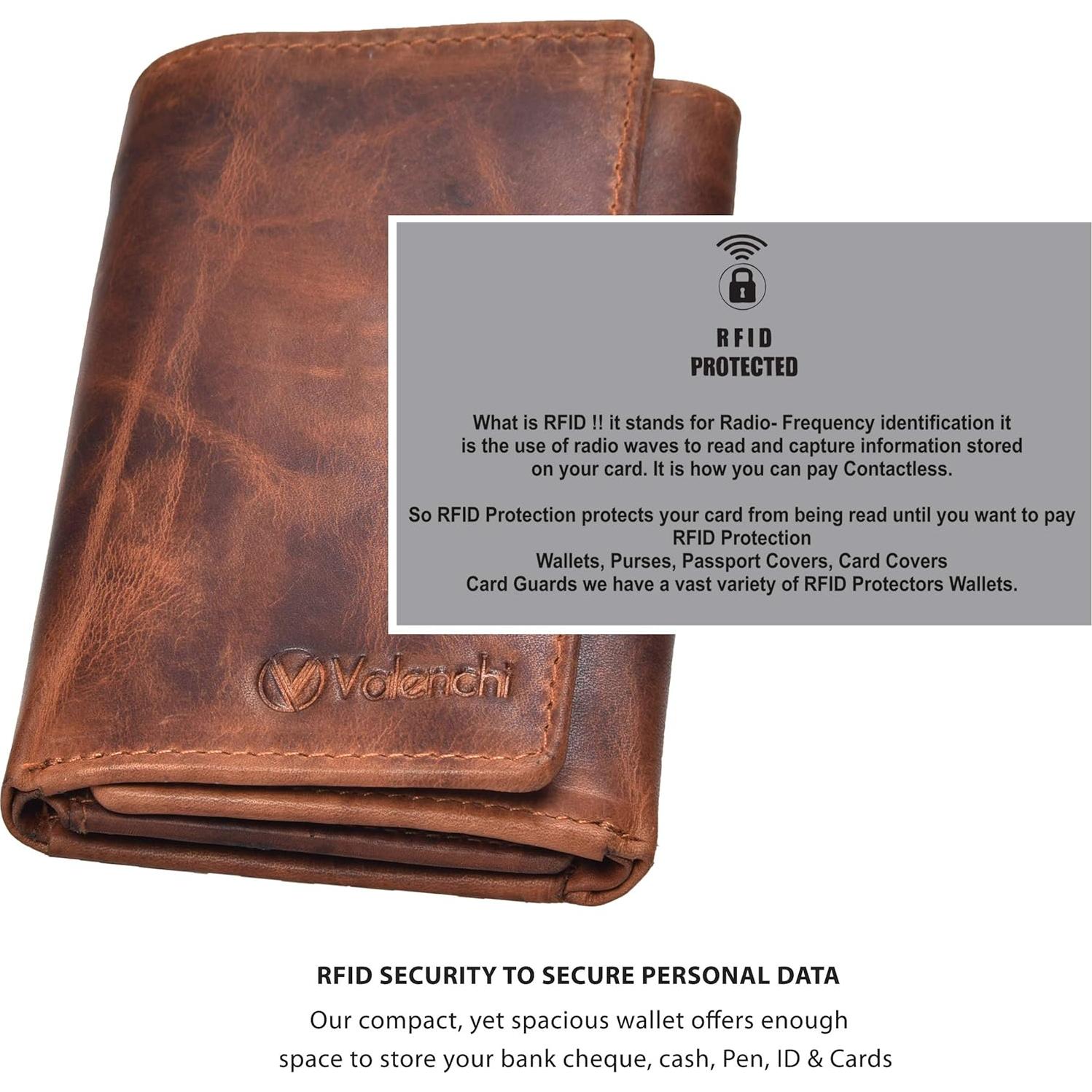 Billetera de cuero trifold VALENCHI Cognac Vintage RFID