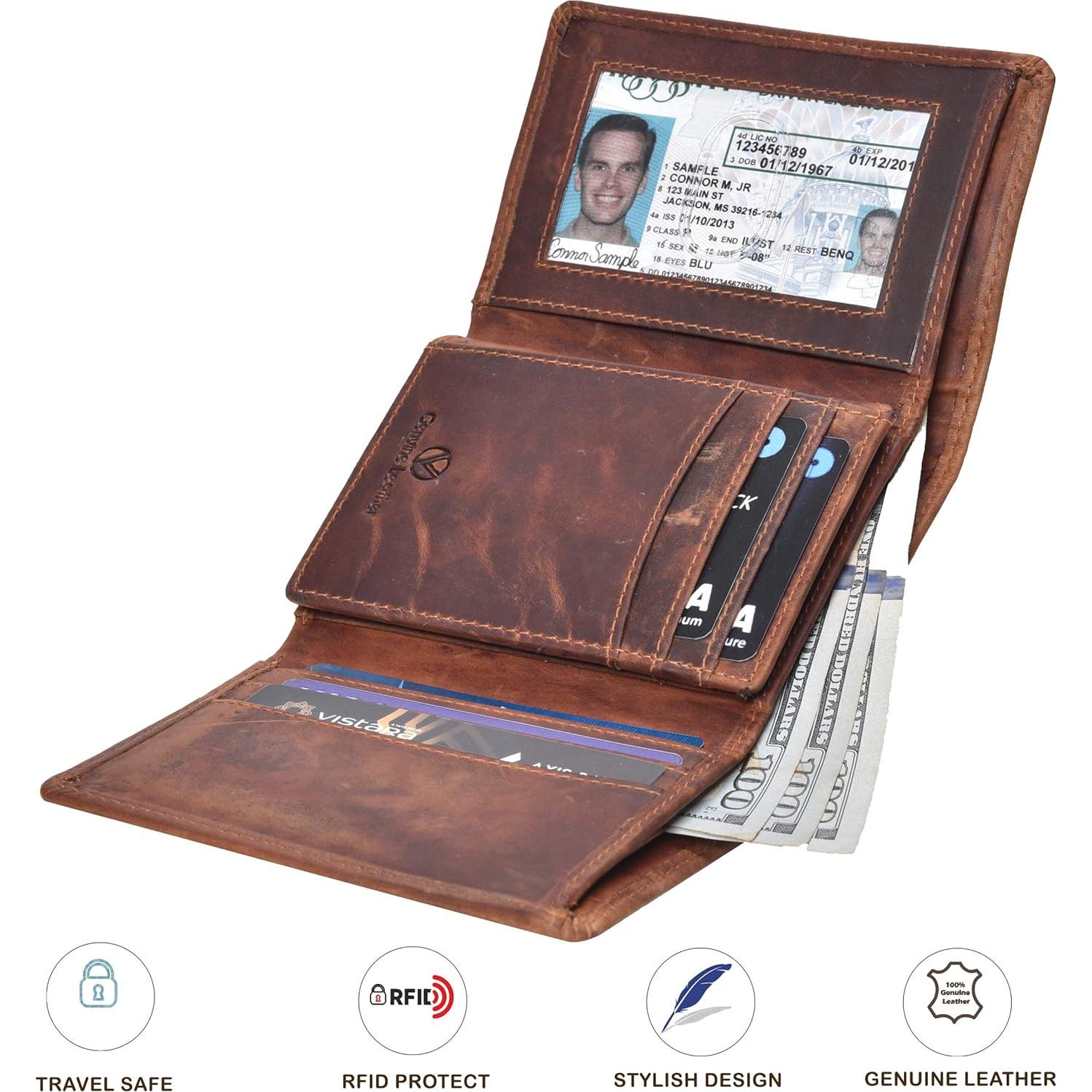 Billetera de cuero trifold VALENCHI Cognac Vintage RFID