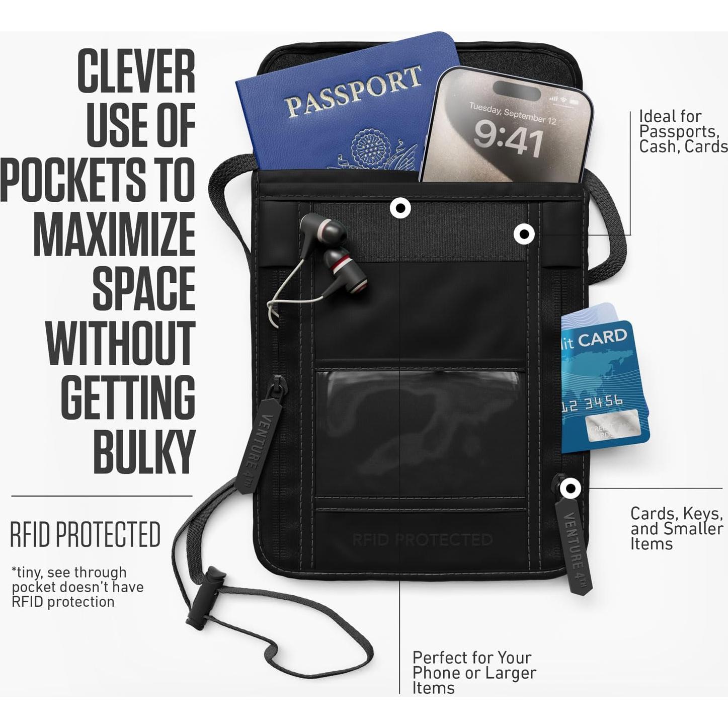 Porta Pasaporte Venture 4th Negro con Bloqueo RFID y Correa