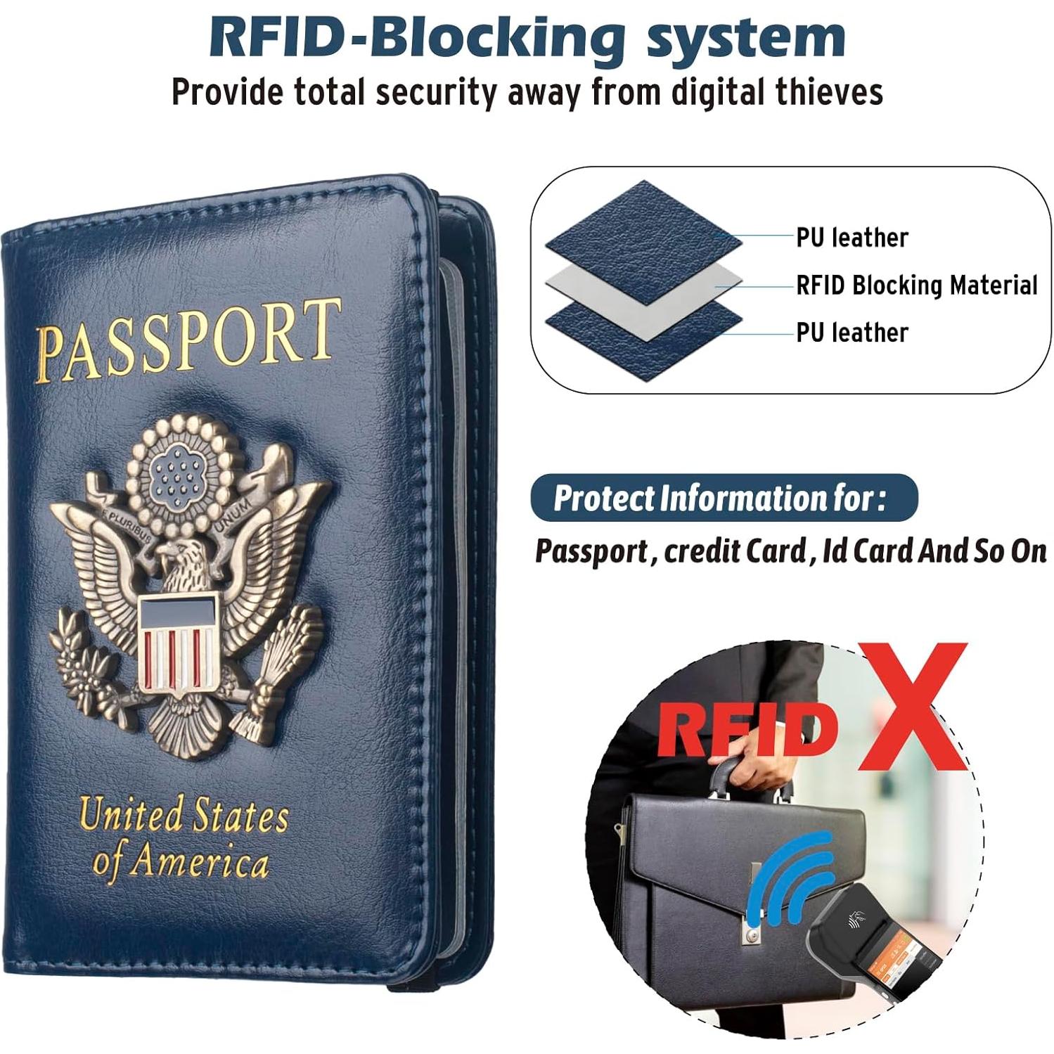 Cartera de Pasaporte Coowayze RFID Cuero Impermeable Azul