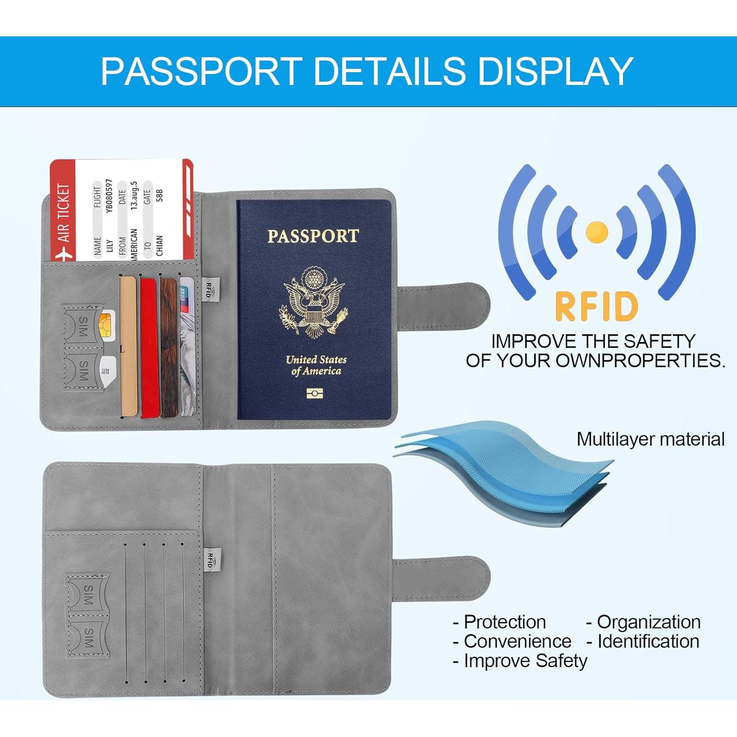 Soporte de Pasaporte Sovirose Gris con Bloqueo RFID y Resistencia al Agua