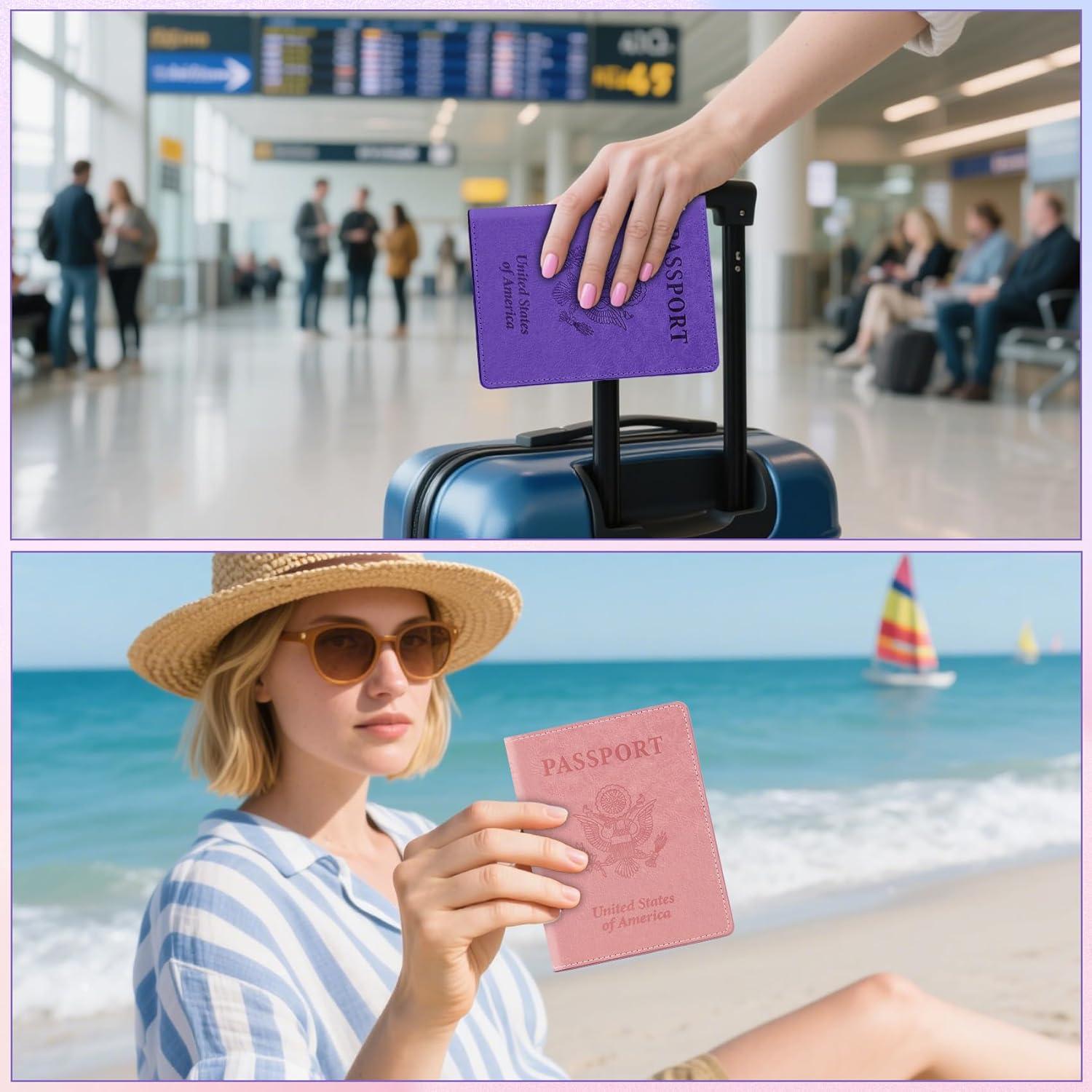 Porta Pasaporte 2 PCS Rosa y Púrpura Cuero Sintético