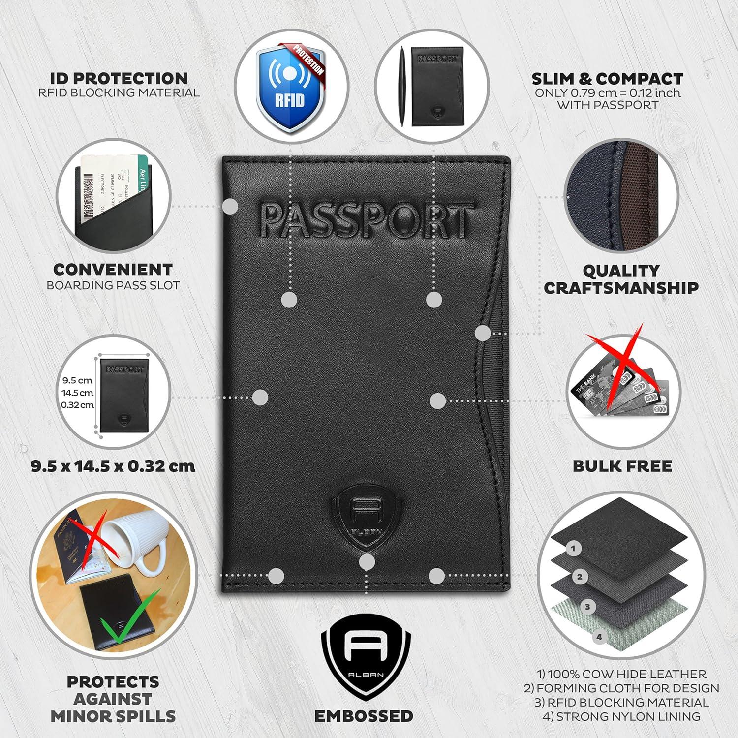 Funda de Pasaporte Alban RFID Cuero Genuino Negro