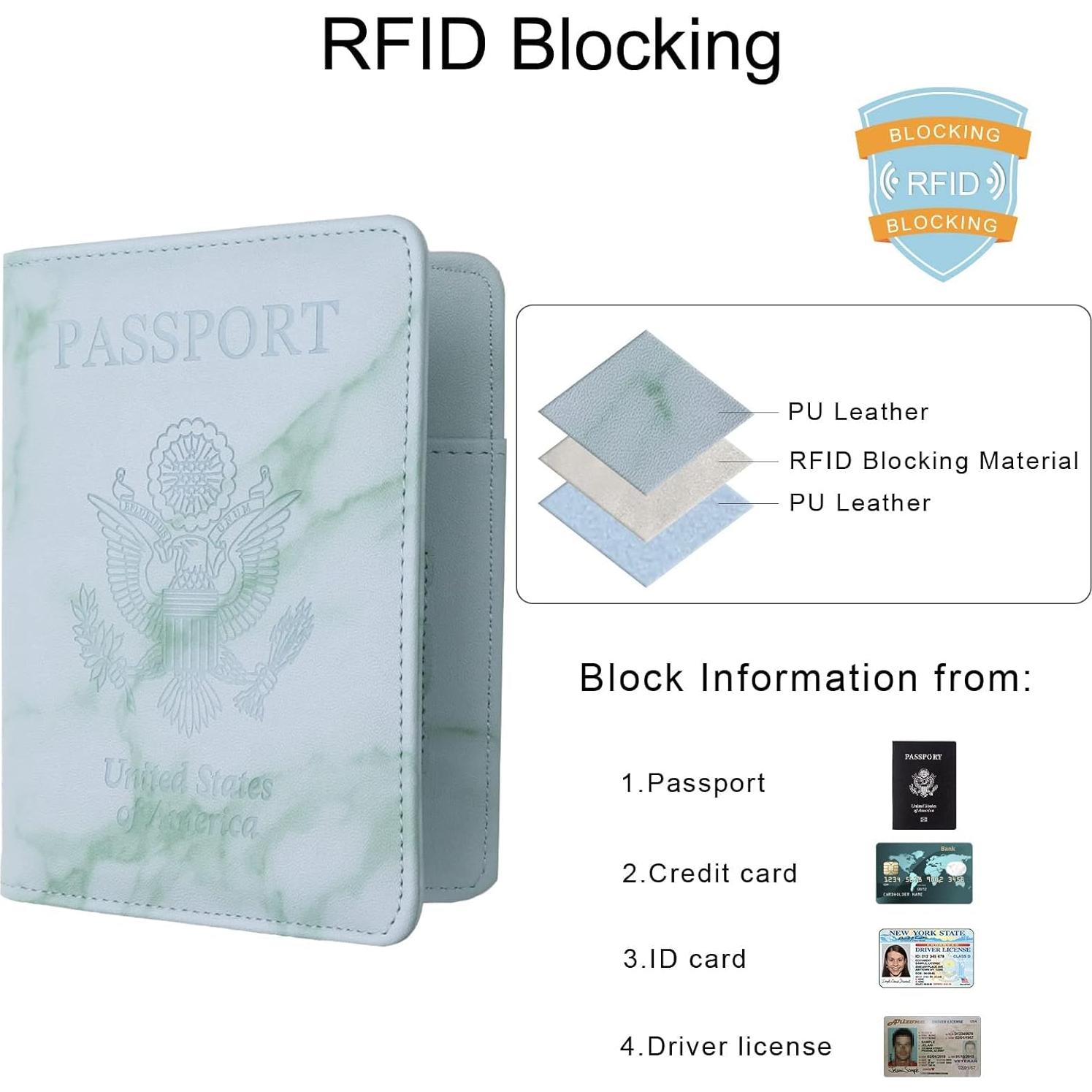 Portapasaportes WALNEW RFID Verde Mármol para Viajes Unisex