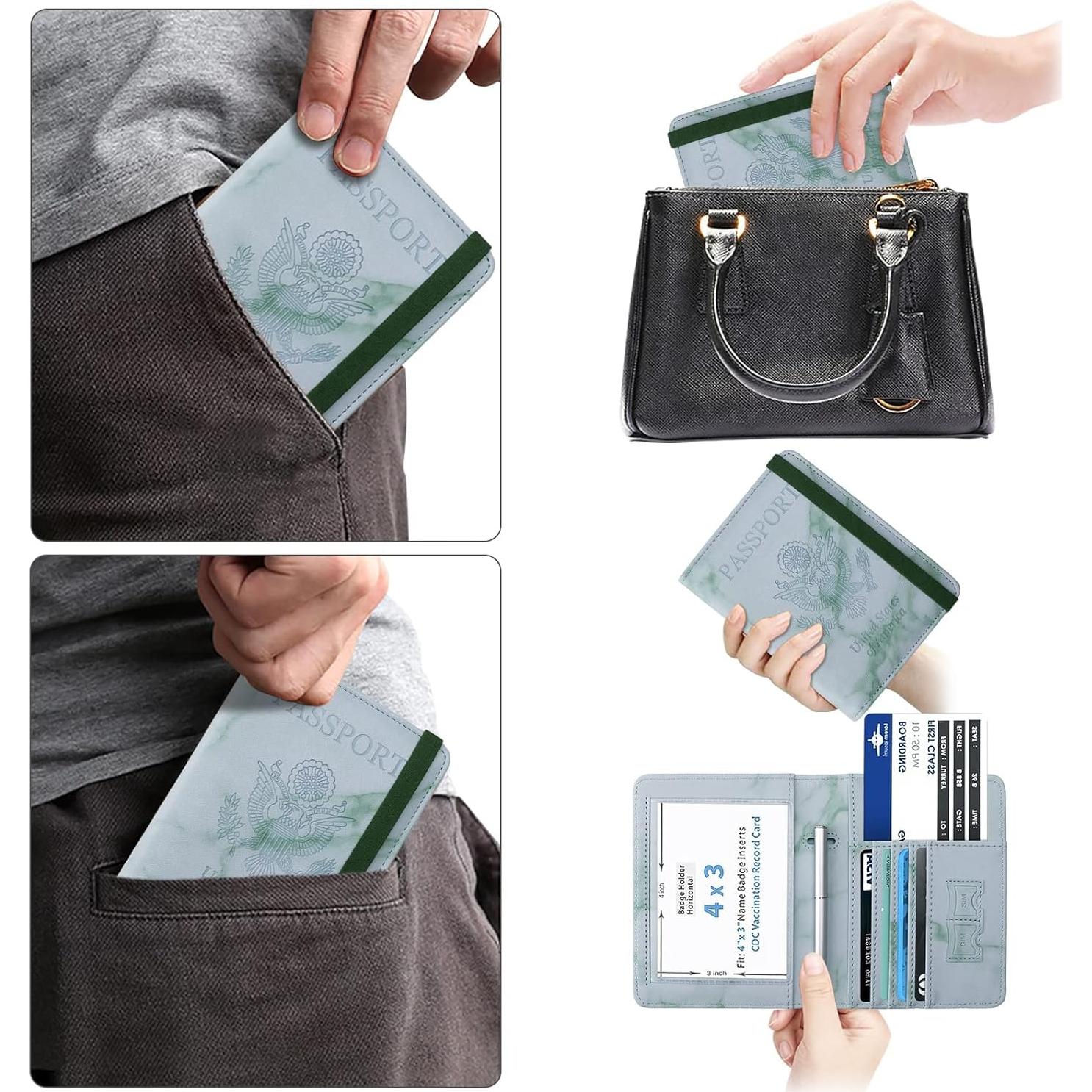 Portapasaportes WALNEW RFID Verde Mármol para Viajes Unisex
