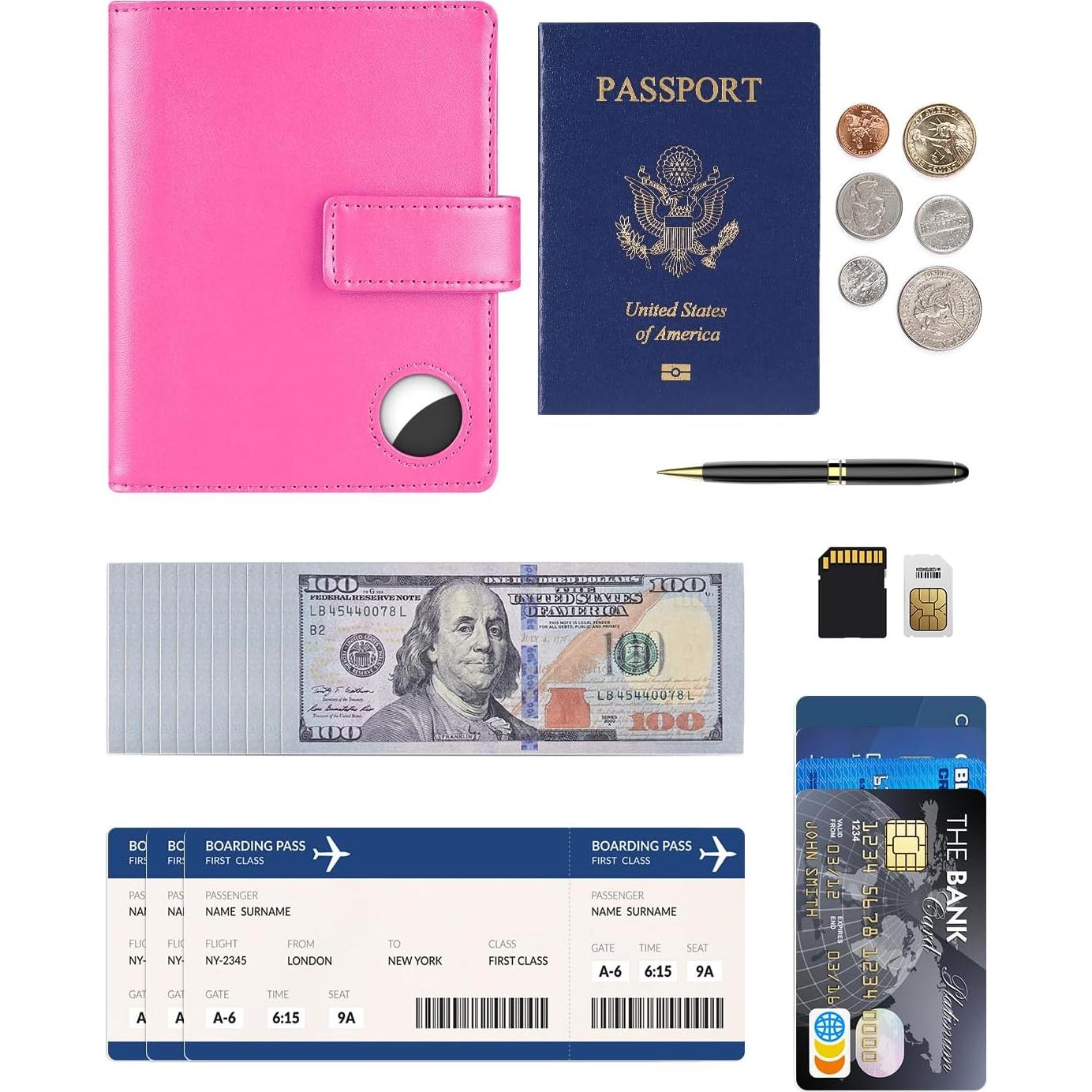 Funda para Pasaporte Mokzer Rosa con Bloqueo RFID y Soporte AirTag