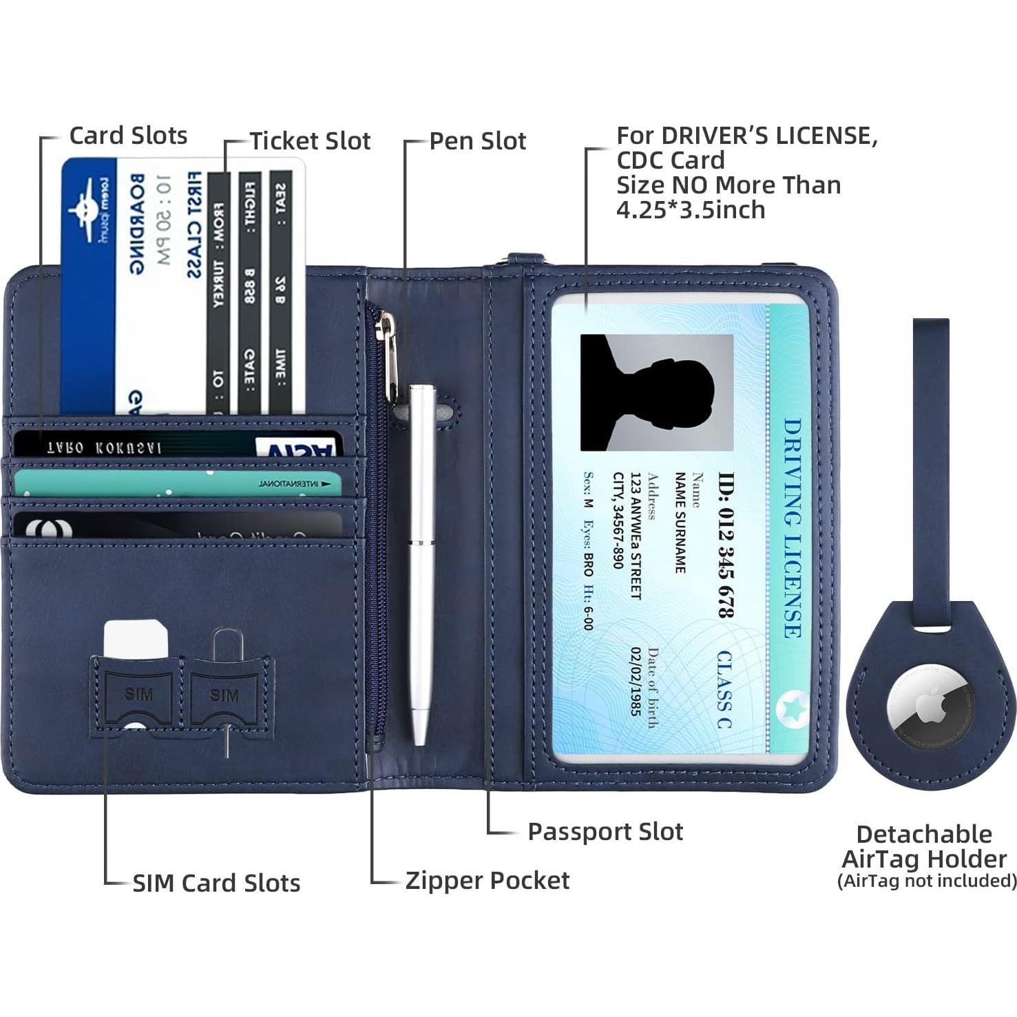 Soporte de Pasaporte WALNEW con Bloqueo RFID y AirTag Azul Marino