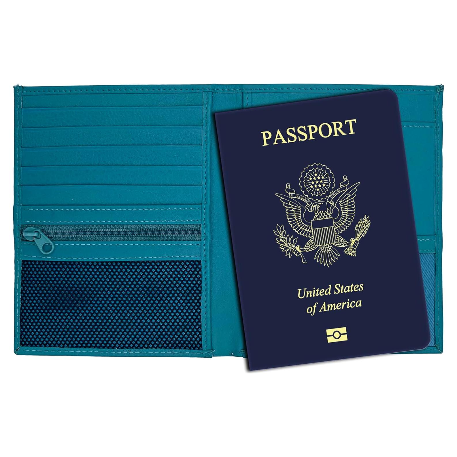 Cartera de Pasaporte de Cuero Genuino Teal RFID 14x11.1cm
