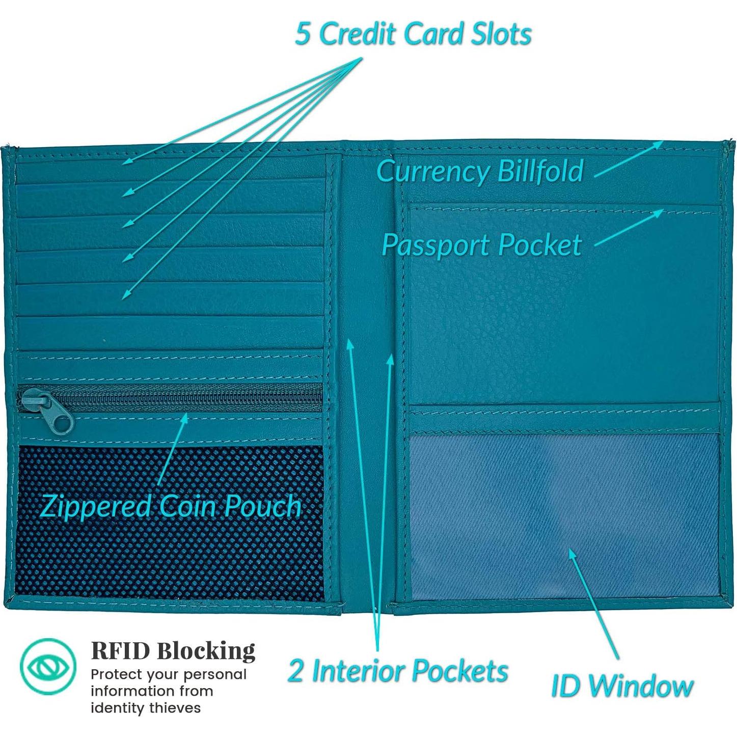 Cartera de Pasaporte de Cuero Genuino Teal RFID 14x11.1cm