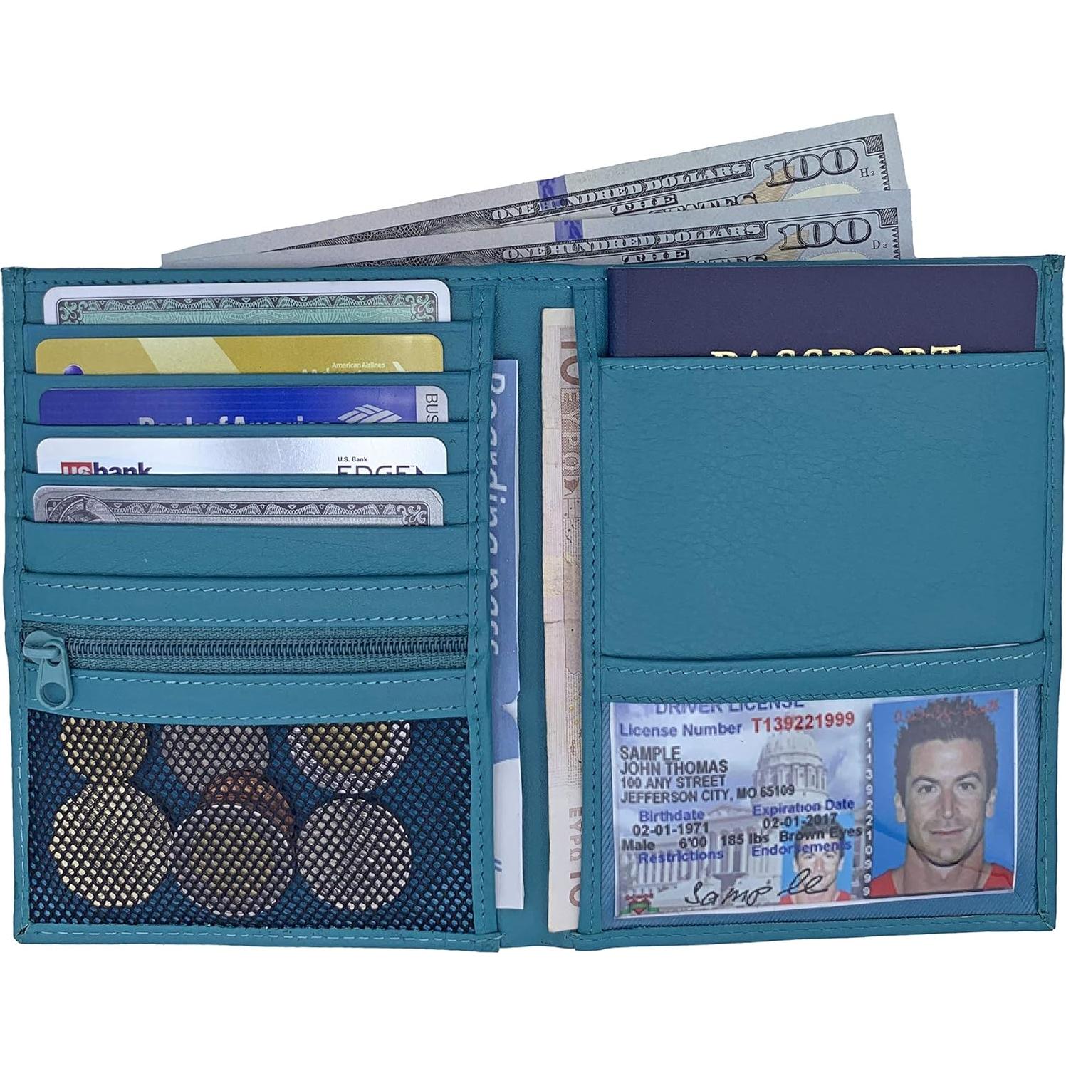 Cartera de Pasaporte de Cuero Genuino Teal RFID 14x11.1cm