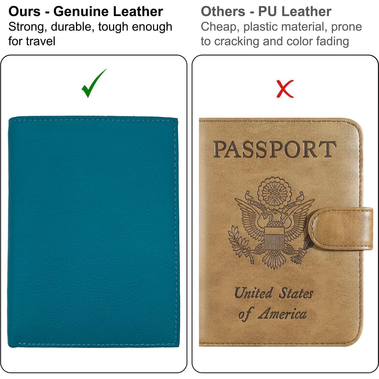 Cartera de Pasaporte de Cuero Genuino Teal RFID 14x11.1cm