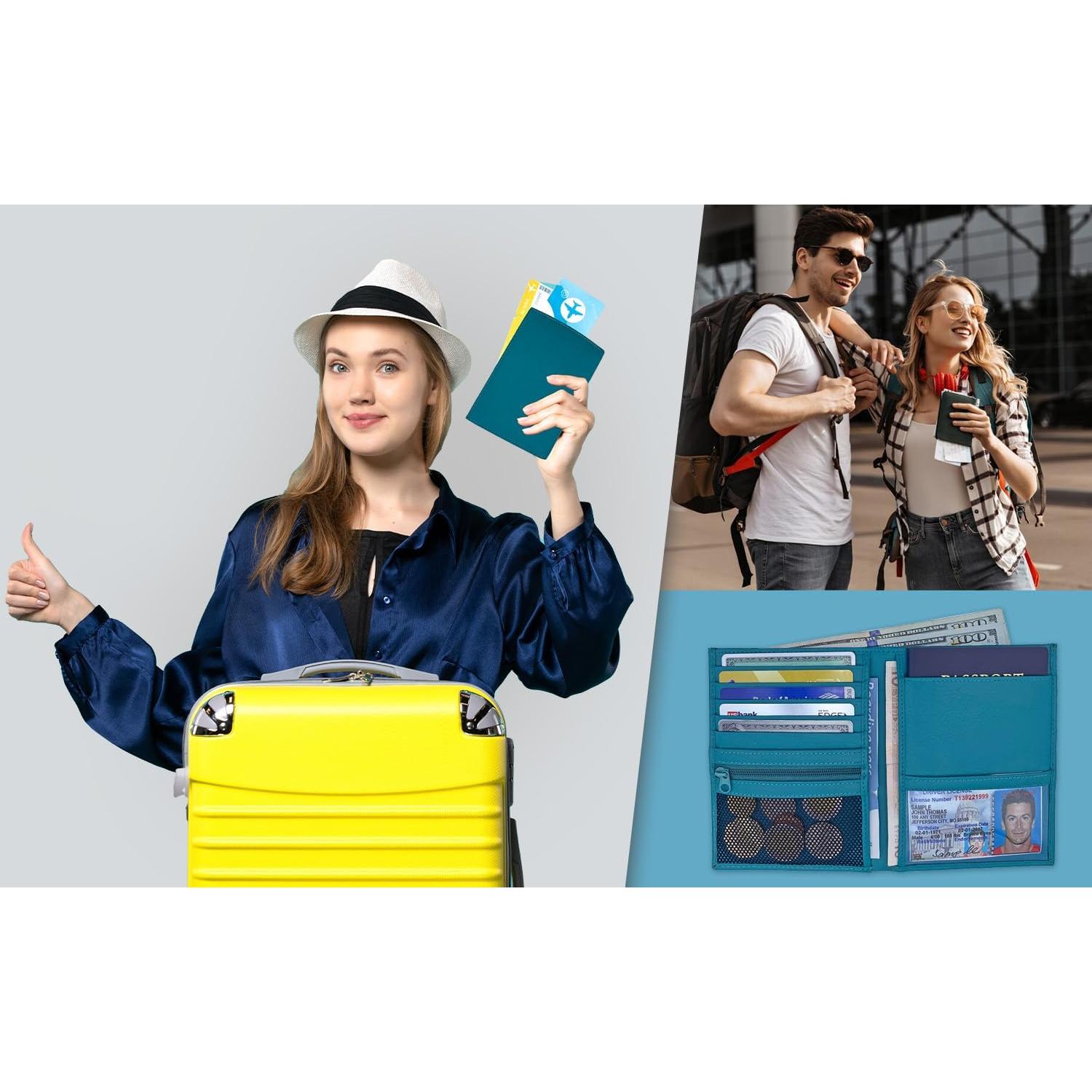 Cartera de Pasaporte de Cuero Genuino Teal RFID 14x11.1cm