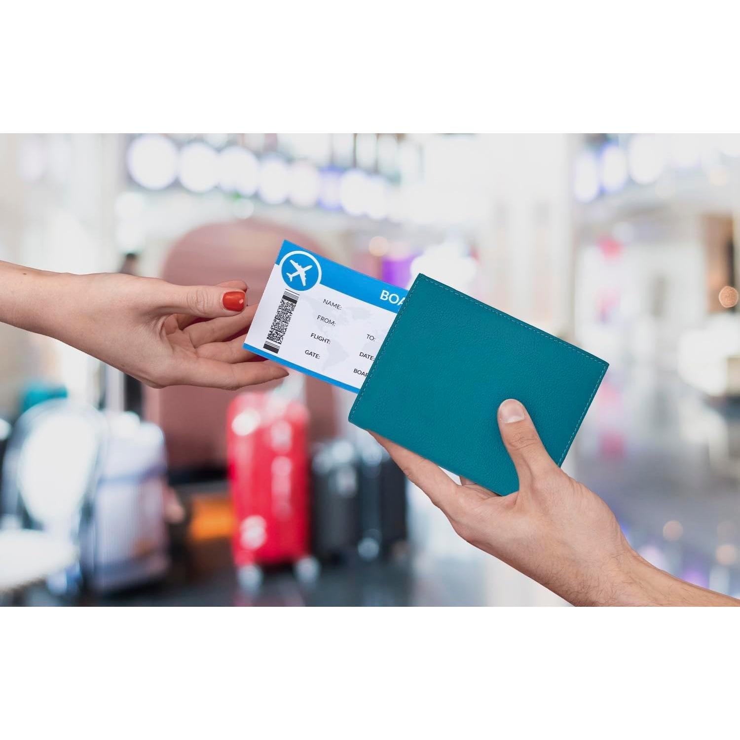 Cartera de Pasaporte de Cuero Genuino Teal RFID 14x11.1cm