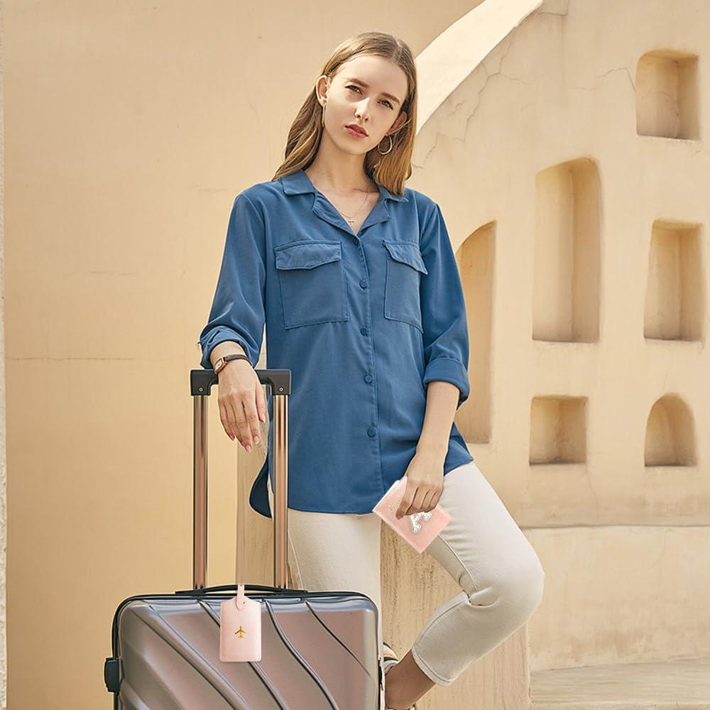 Conjunto Porta Pasaporte y Etiqueta de Equipaje Cuero Rosa