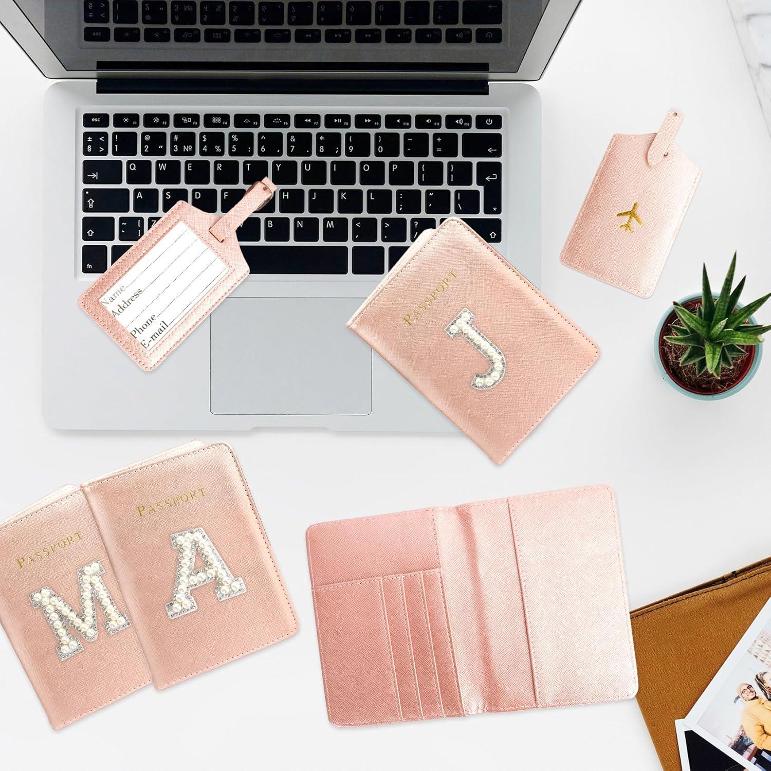 Conjunto Porta Pasaporte y Etiqueta de Equipaje Cuero Rosa