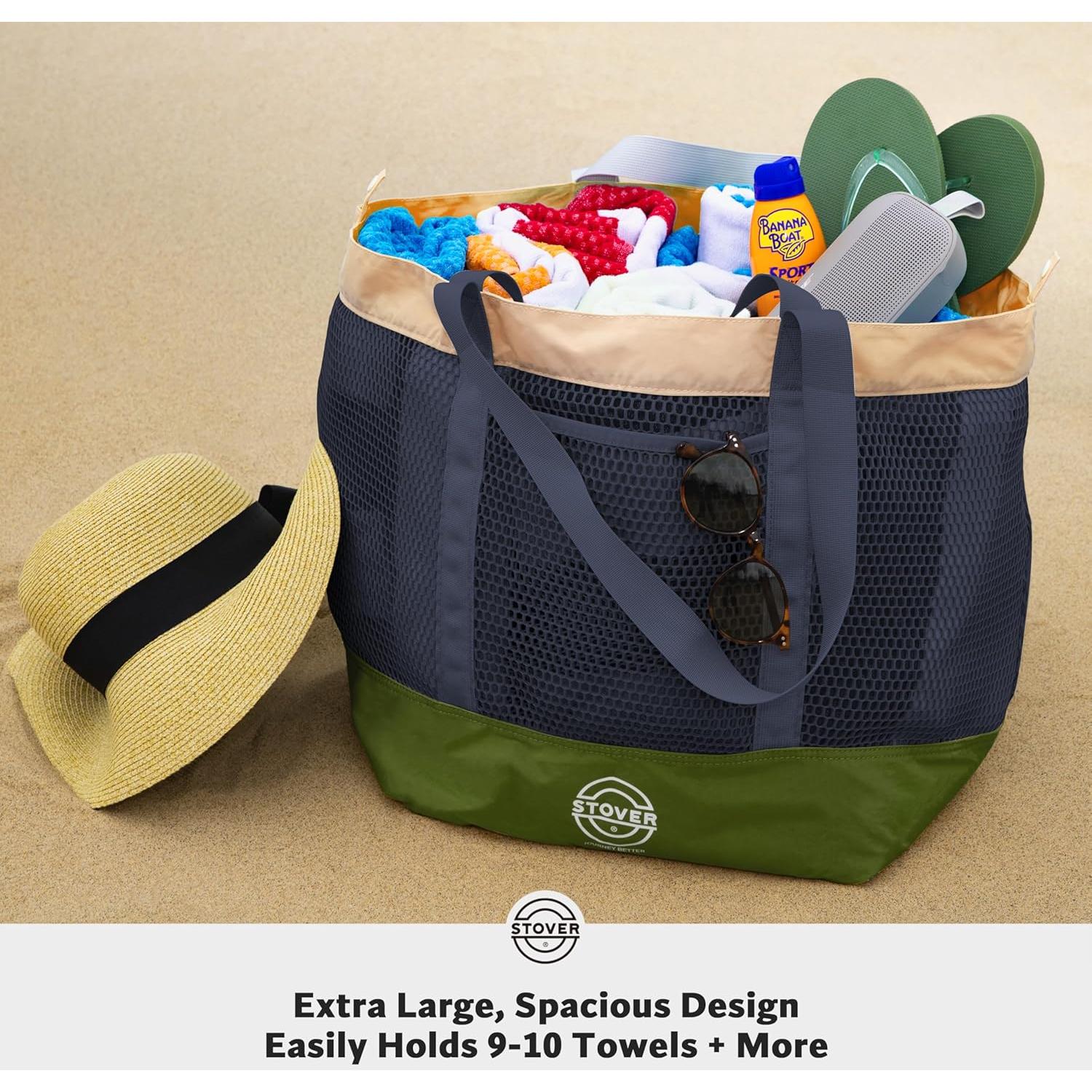 Bolsa de Playa Grande STOVER Verde Militar Plegable con Bolsillos