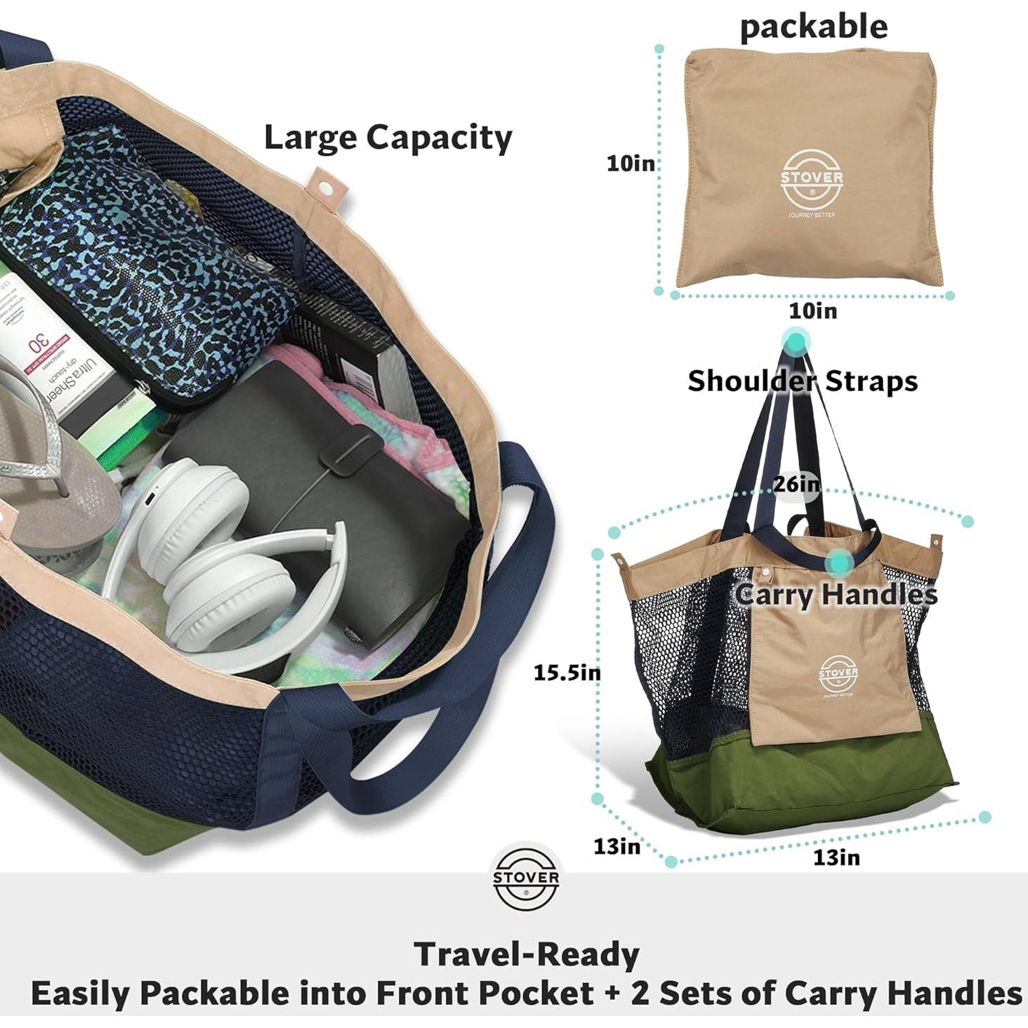 Bolsa de Playa Grande STOVER Verde Militar Plegable con Bolsillos