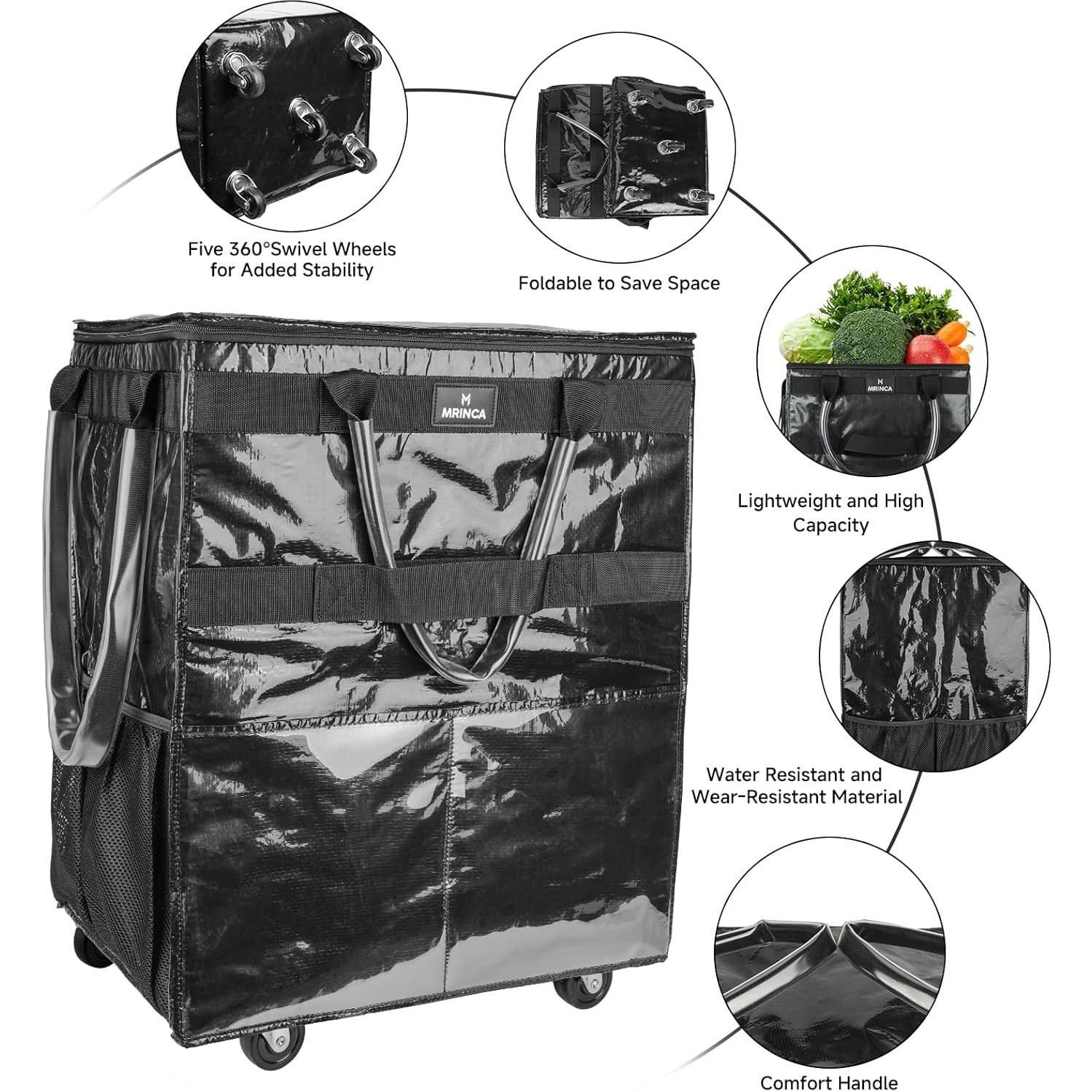 Bolsa de Compras Reutilizable con Ruedas Extra Grande Negra