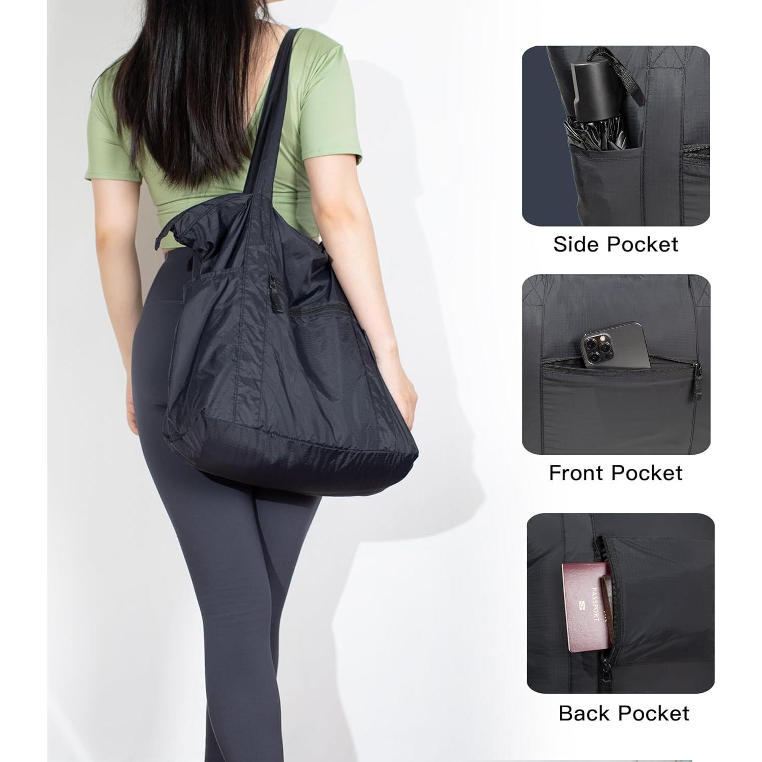 Bolsa Tote Plegable de Nailon 25L Negra - Ligera y Compacta