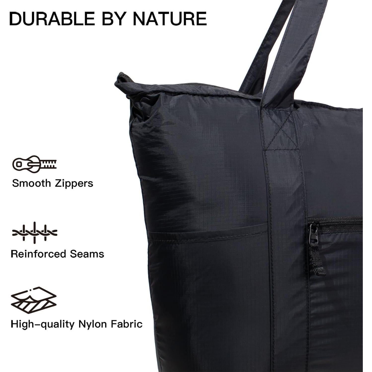 Bolsa Tote Plegable de Nailon 25L Negra - Ligera y Compacta