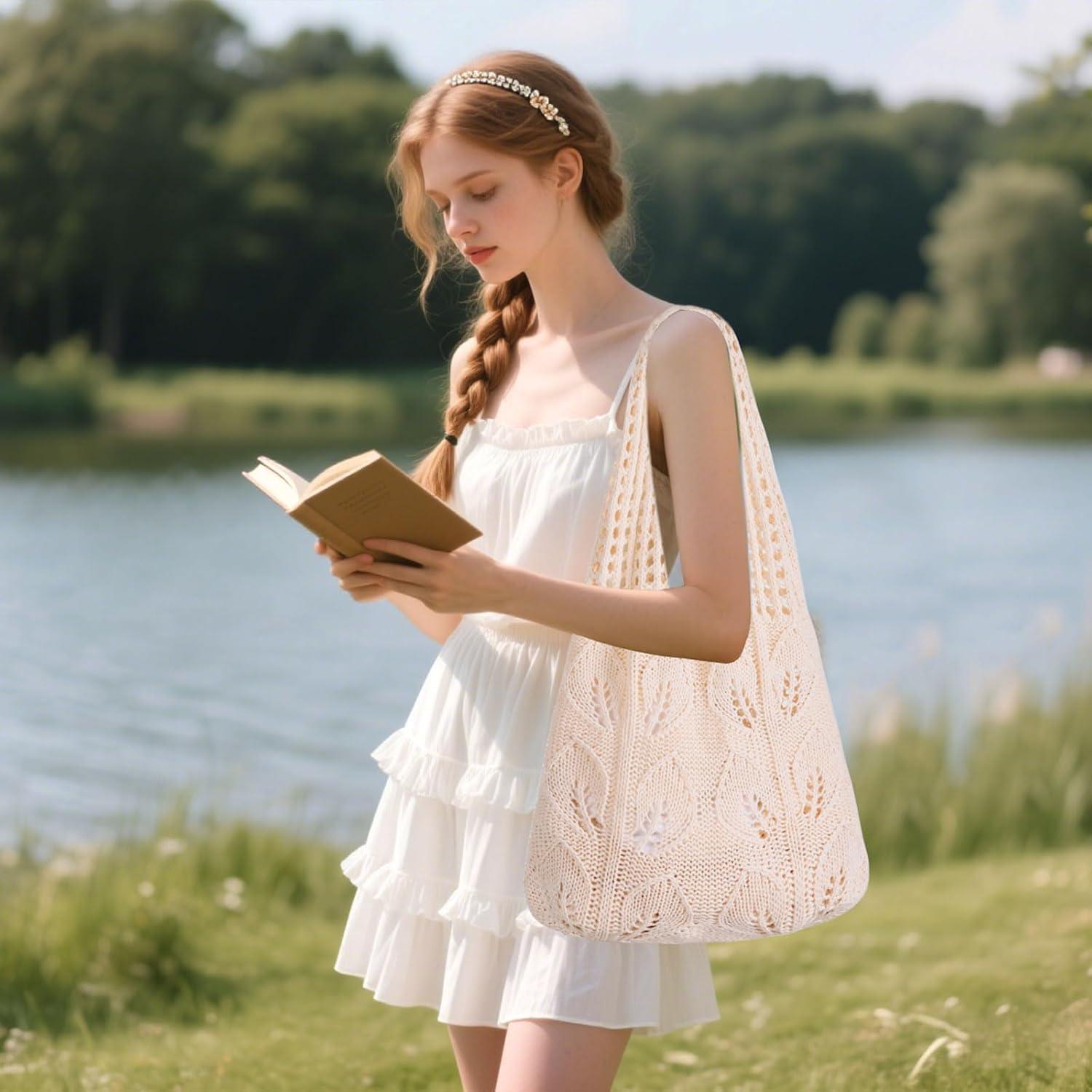 Bolsa de Playa de Crochet WantGor Crema 35x36cm Reutilizable