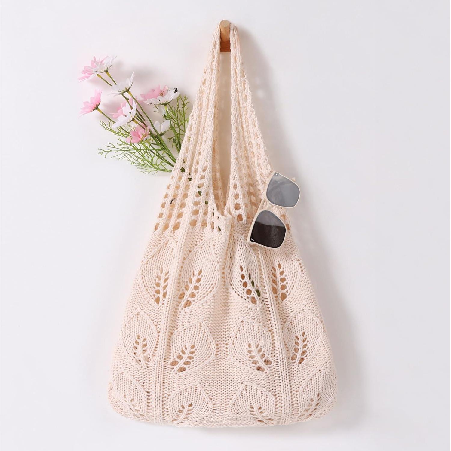 Bolsa de Playa de Crochet WantGor Crema 35x36cm Reutilizable