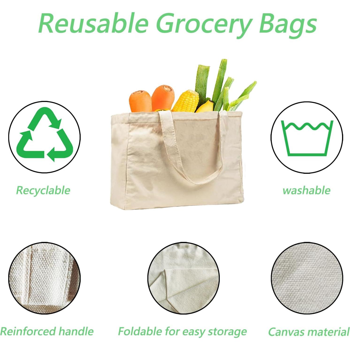 3 Piezas Bolsas de Compras Reutilizables Lona 30x20x10cm Blancas