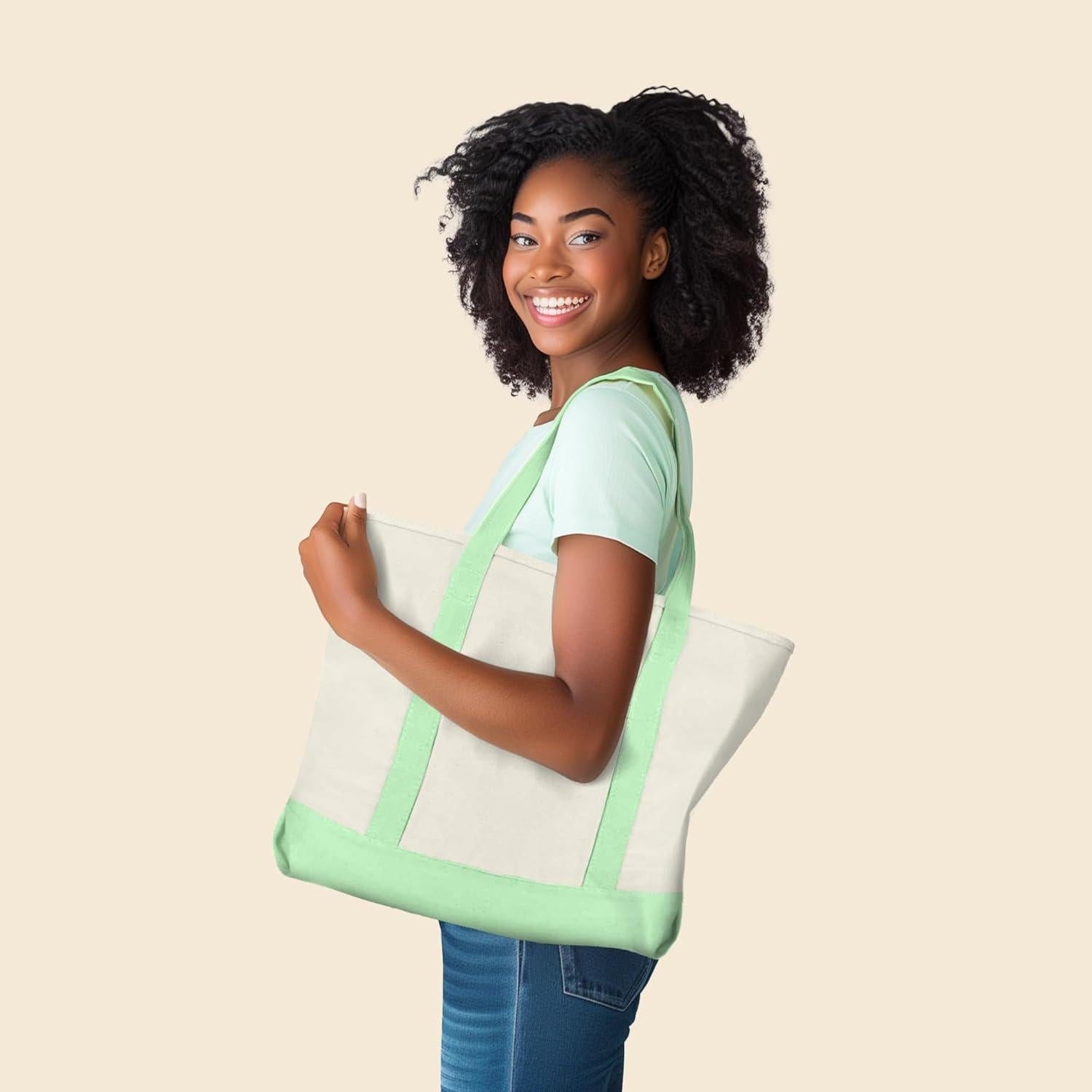 Bolsa de Compras de Algodón Dalix 22" con Cremallera Verde Menta