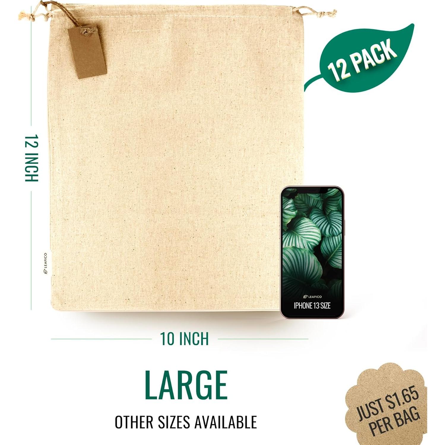 Bolsas Ecológicas Leafico 100% Algodón Grande 25x30 cm 12 Pcs