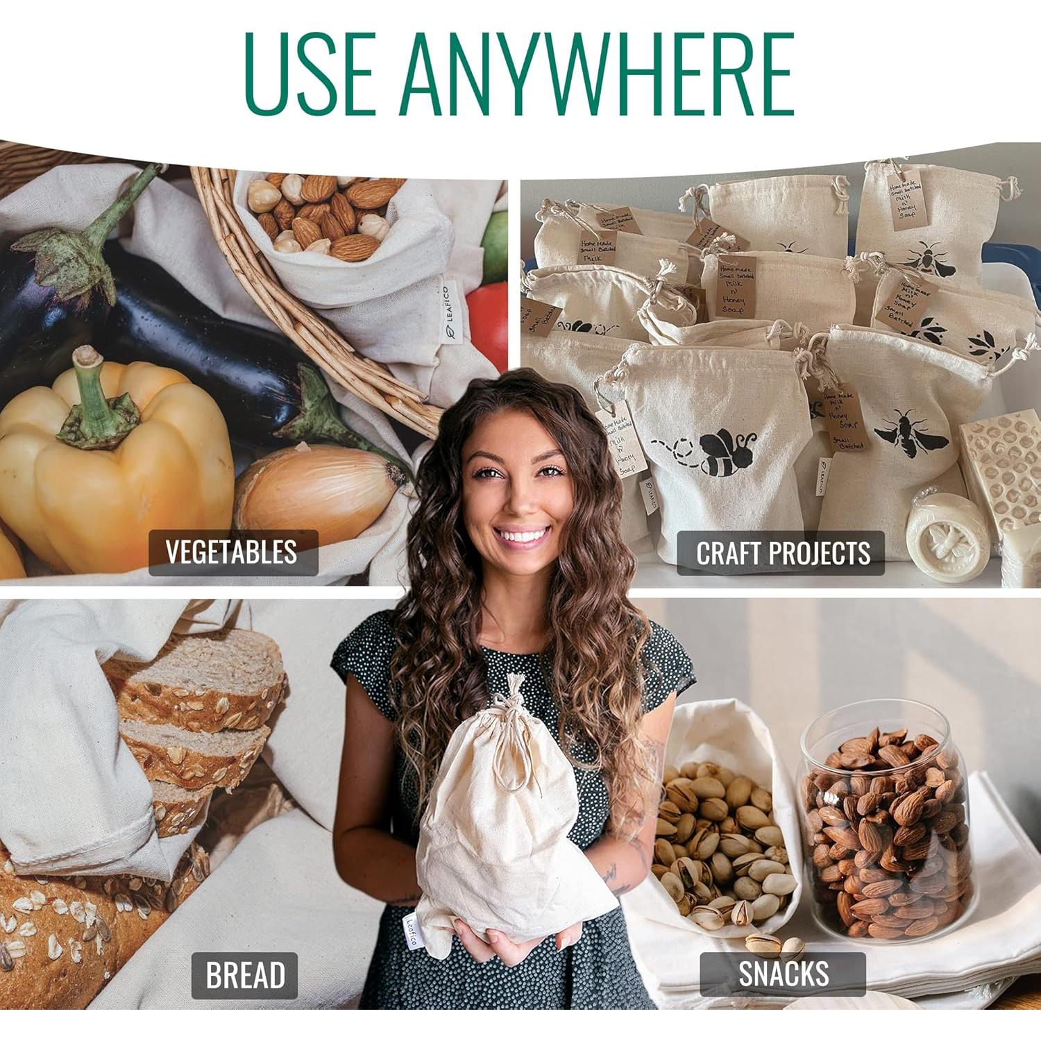 Bolsas Ecológicas Leafico 100% Algodón Grande 25x30 cm 12 Pcs