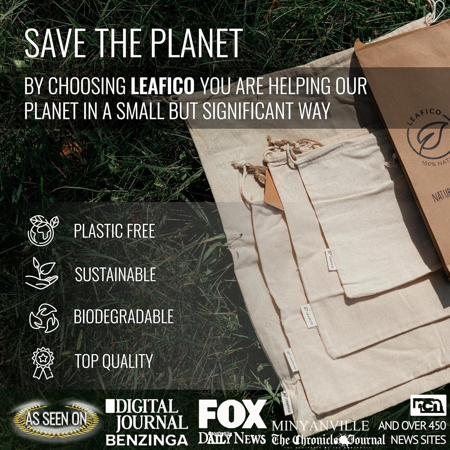 Bolsas Ecológicas Leafico 100% Algodón Grande 25x30 cm 12 Pcs