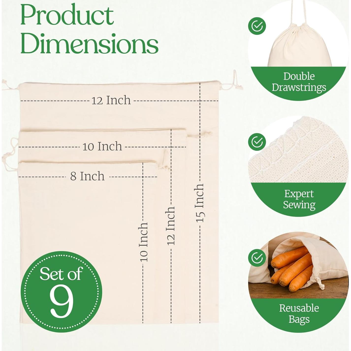 Bolsas de Muselina Reutilizables Greenmile - Algodón Orgánico - 9 Piezas
